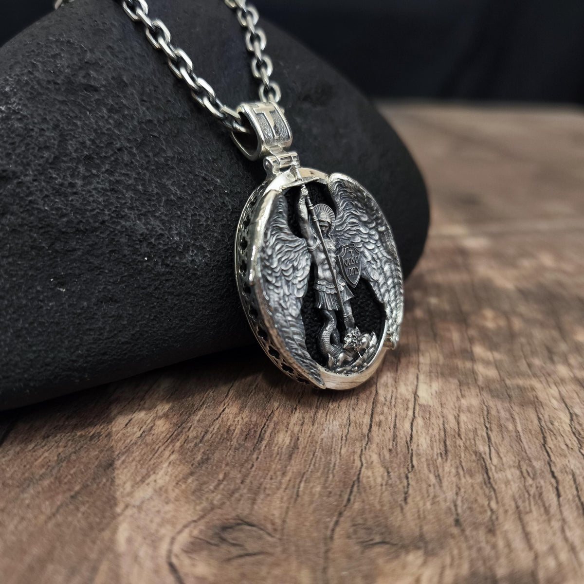 Sterling Silver Archangel Michael Pendant - Ebony Wood Religious Necklace