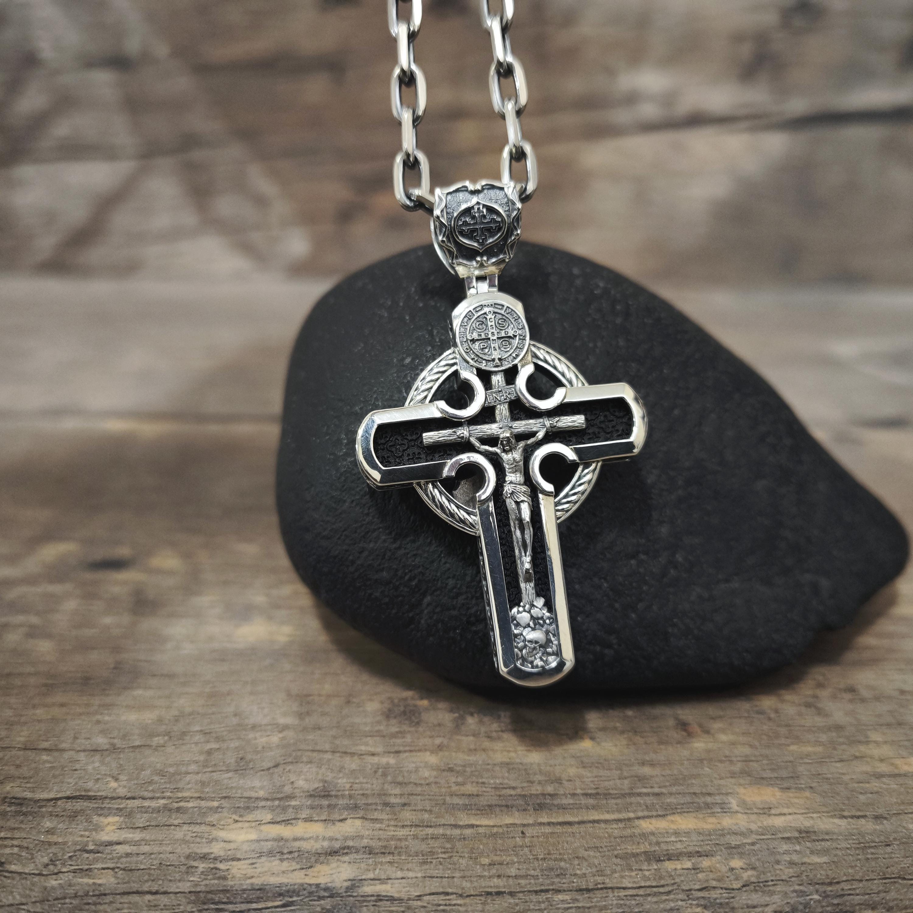 Personalized Saint Benedict Crucifix Necklace Archangel Saint Michael : Sterling Silver & Ebony Wood
