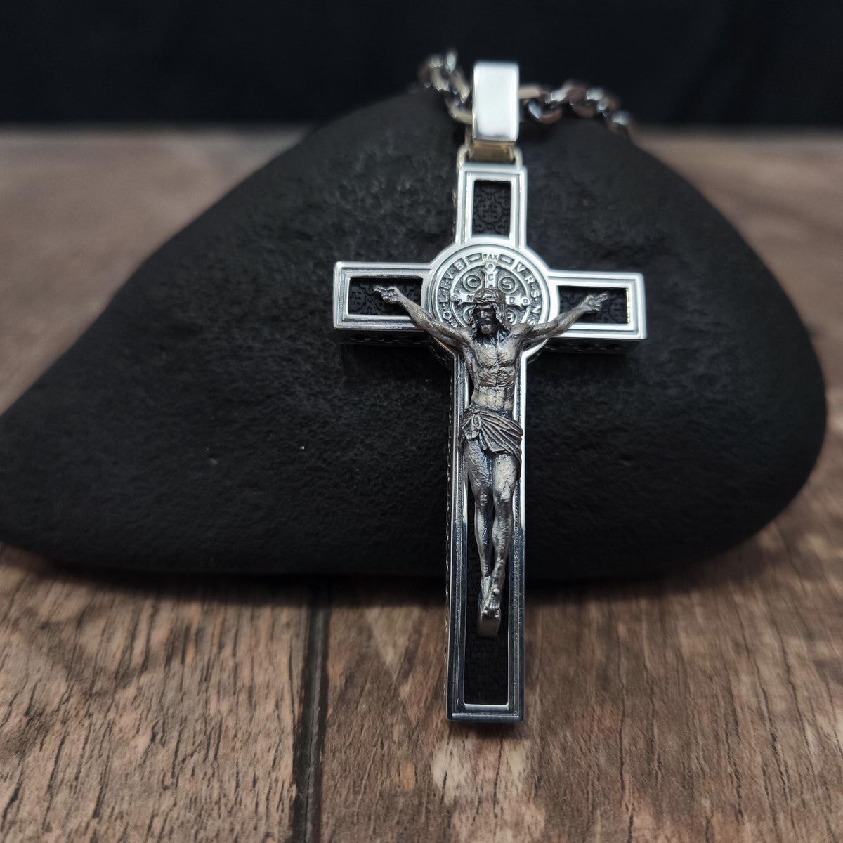 Personalized Saint Benedict Crucifix Necklace: Sterling Silver & Ebony Wood