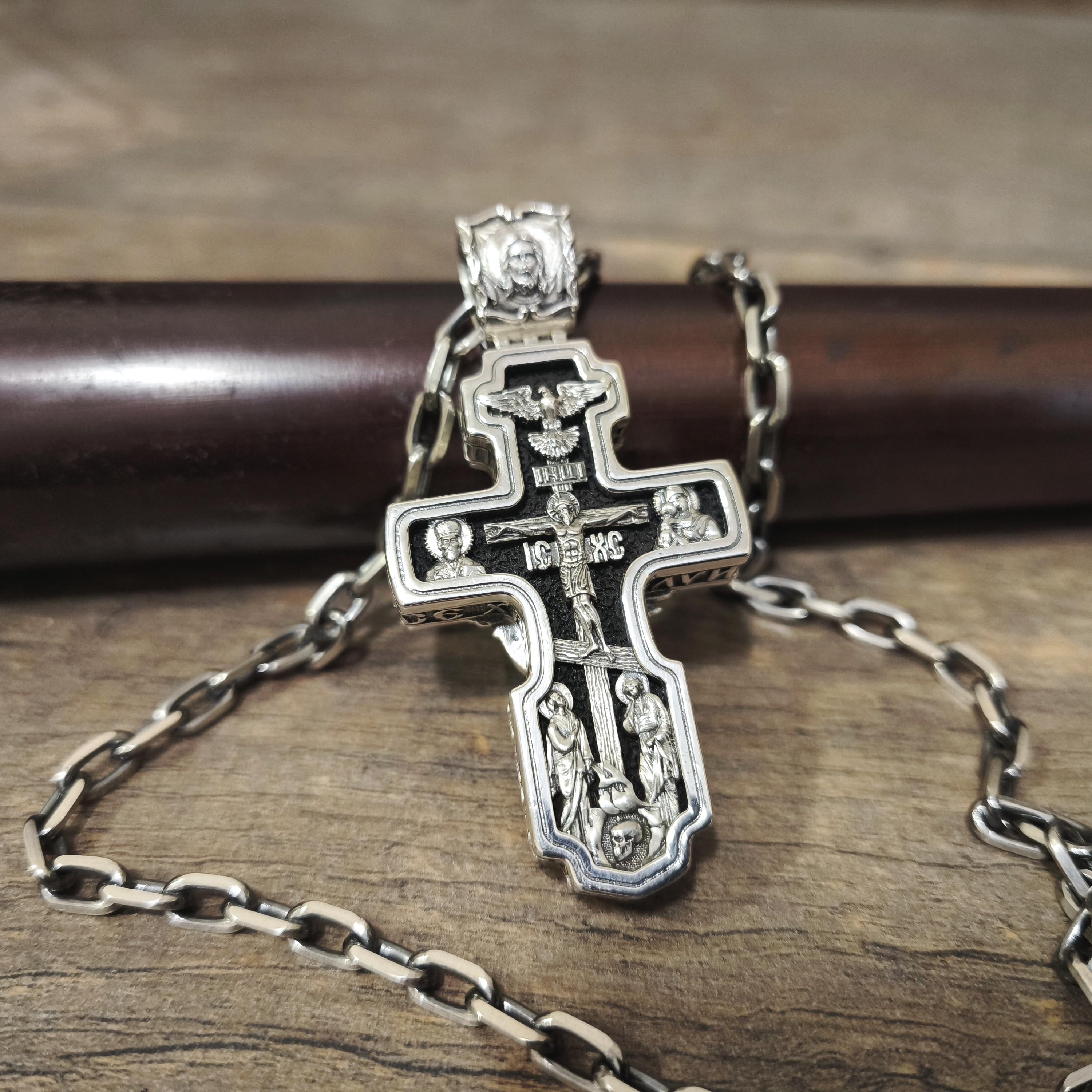 Sterling Silver Orthodox Crucifix Necklace Archangel Saint Michael & Ebony Wood - Religious Pendant