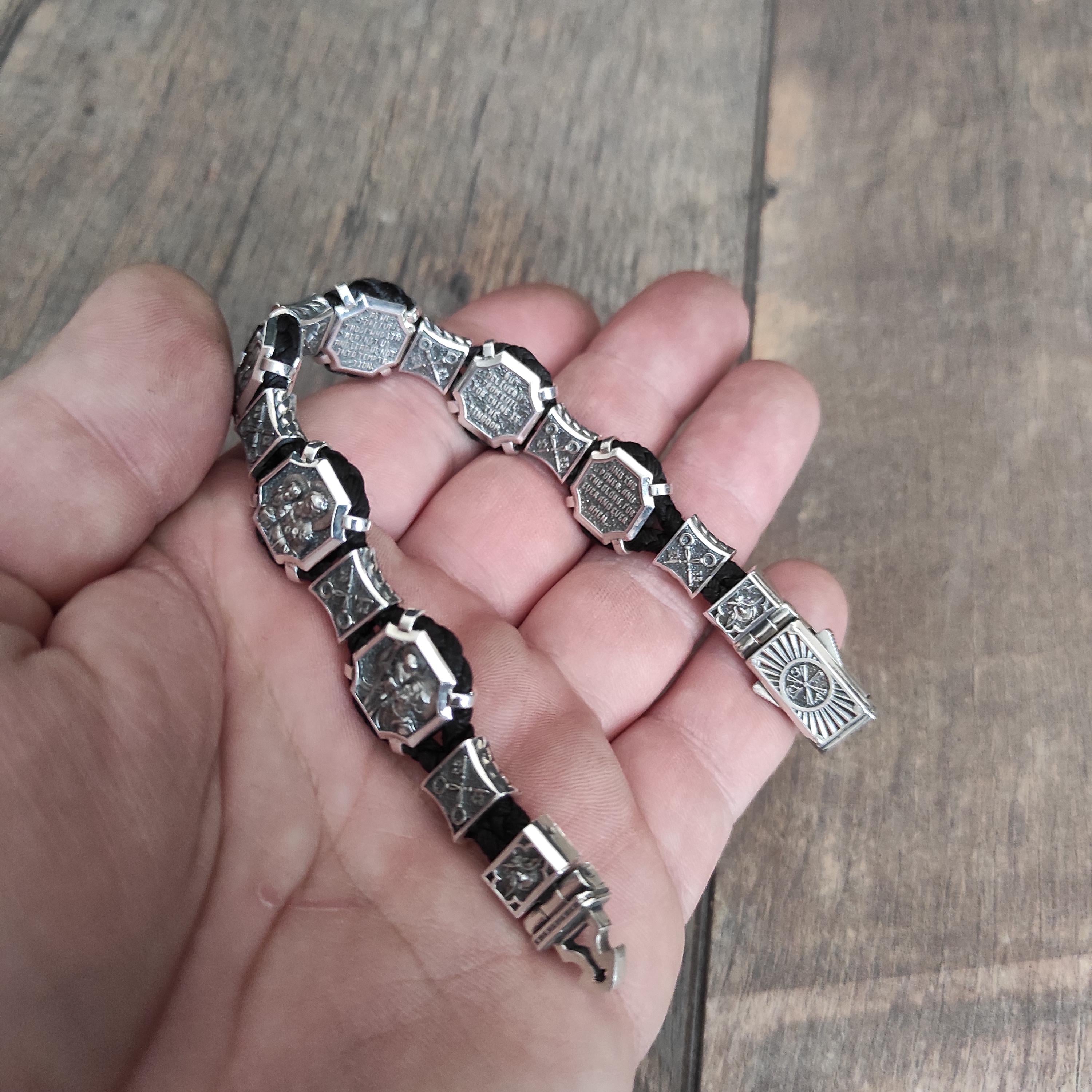 Christian Silver Saints Bracelet: Our Father Prayer, Silk Cord