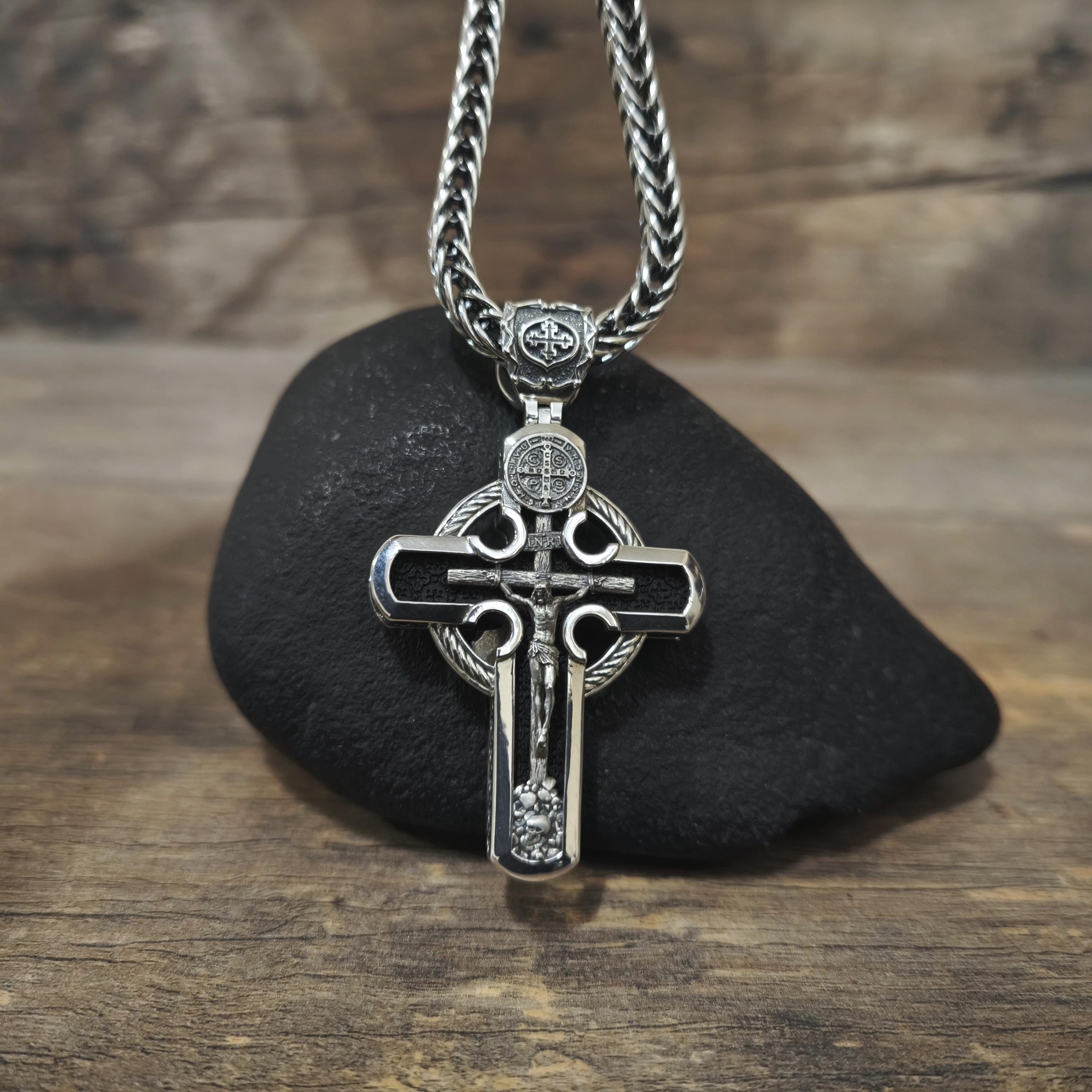 Personalized Saint Benedict Crucifix Necklace Archangel Saint Michael : Sterling Silver & Ebony Wood