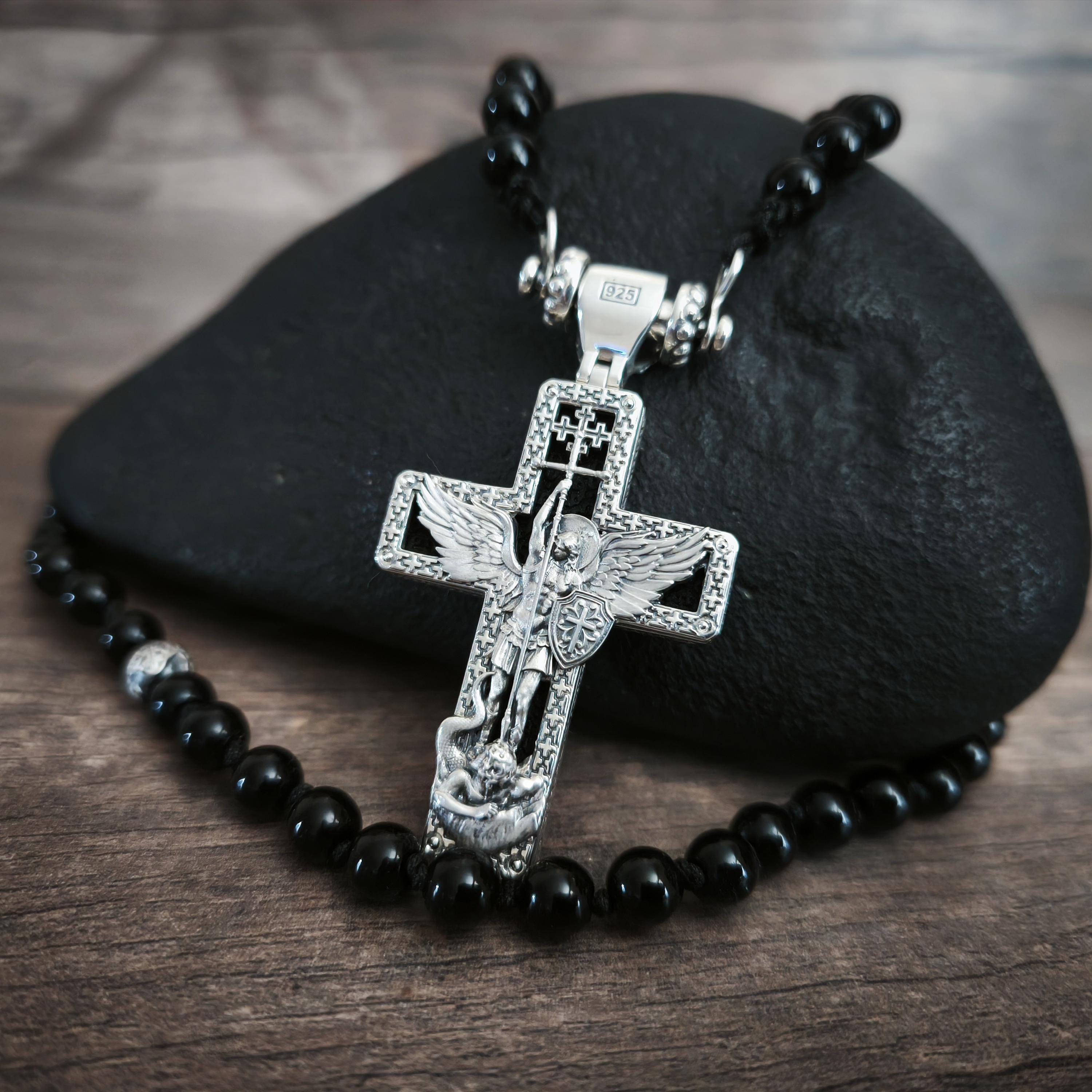 Personalized Saint Benedict Crucifix Necklace Archangel Saint Michael : Sterling Silver & Ebony Wood
