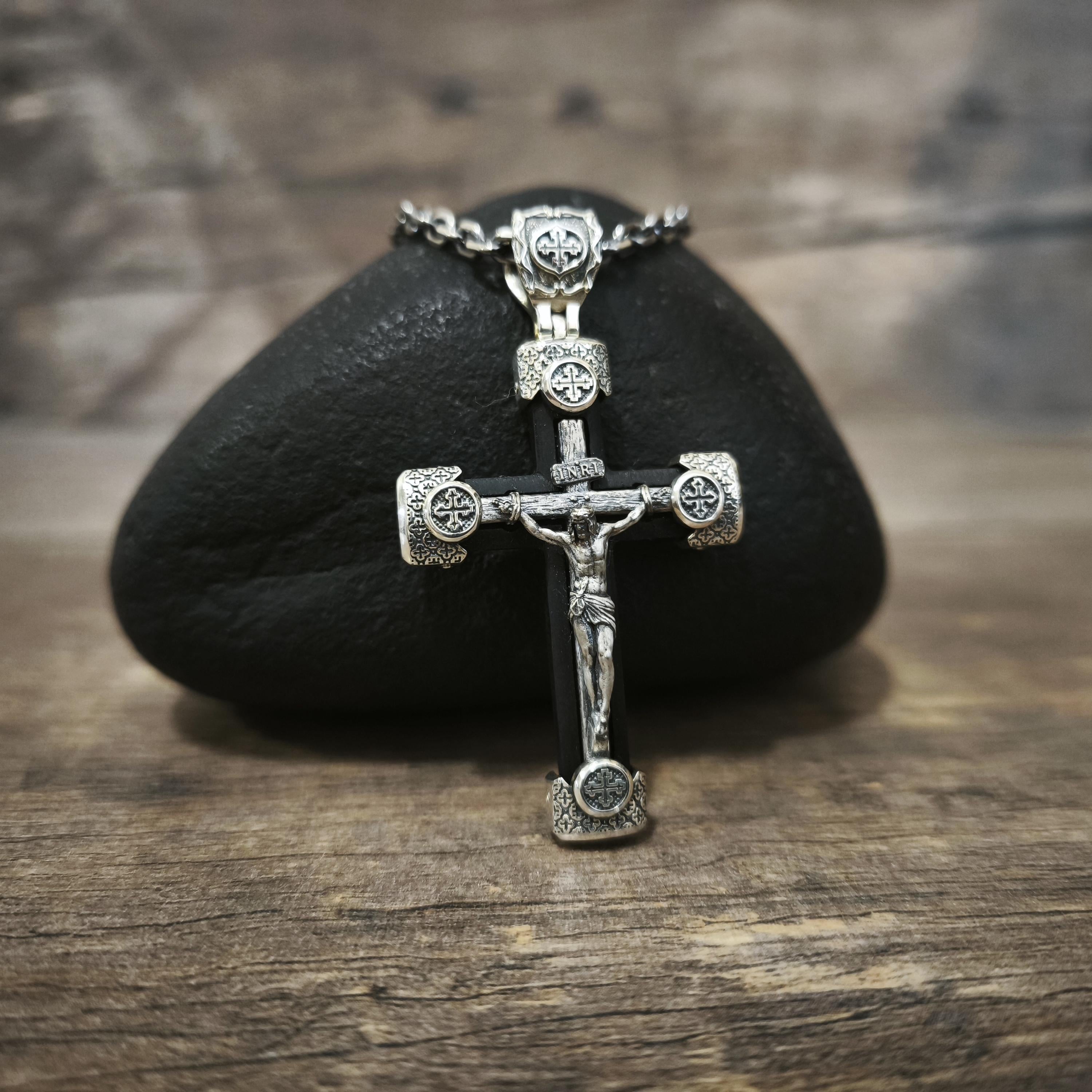 Personalized Jesus Cross Saint Benedict Crucifix Necklace Archangel Saint Michael : Sterling Silver & Ebony Wood