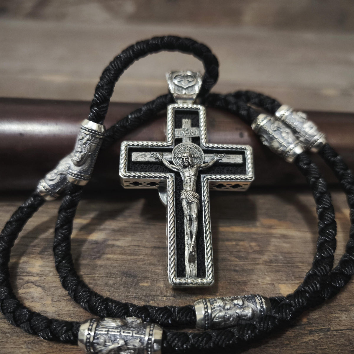 Personalized Jesus Cross Saint Benedict Crucifix Necklace Archangel Saint Michael : Sterling Silver & Ebony Wood