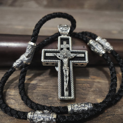 Personalized Jesus Cross Saint Benedict Crucifix Necklace Archangel Saint Michael : Sterling Silver & Ebony Wood