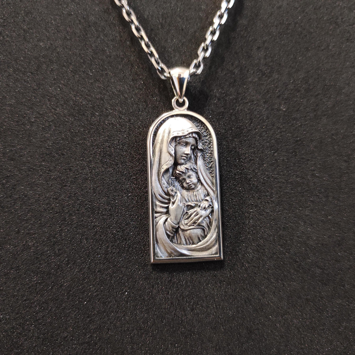 Sterling Silver Miraculous Medal Necklace: Virgin Mary & Baby Jesus