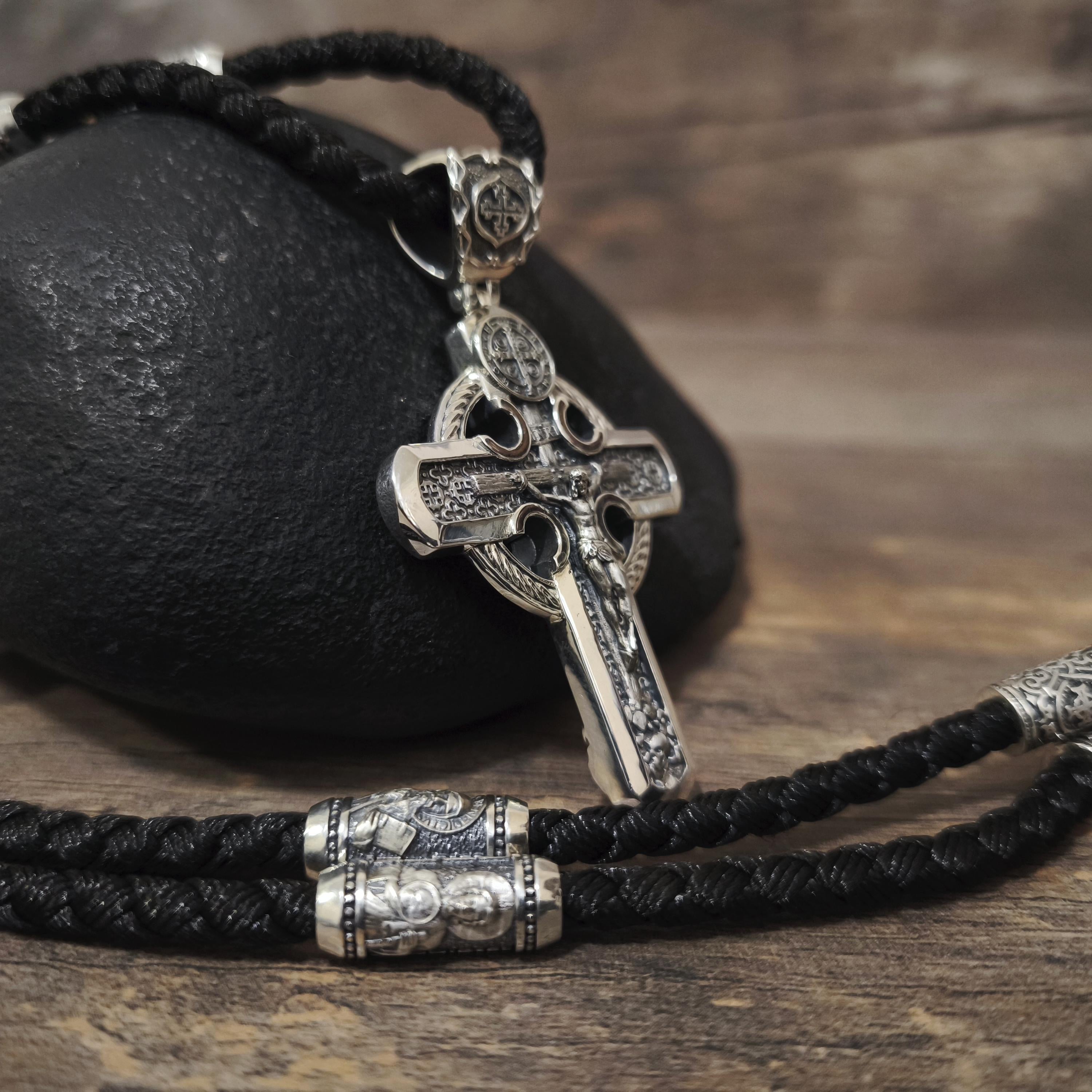 Personalized Jesus Cross Saint Benedict Crucifix Necklace Archangel Saint Michael : Sterling Silver