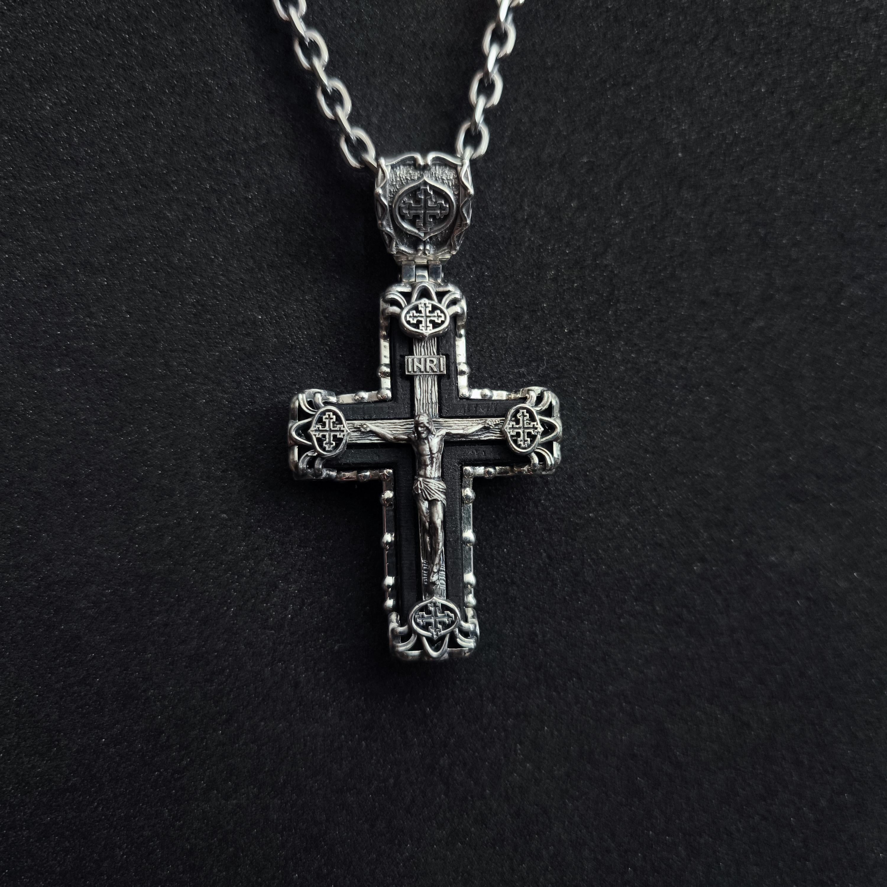 Sterling Silver Crucifix Archangel Michael Necklace & Ebony Wood - Religious Pendant
