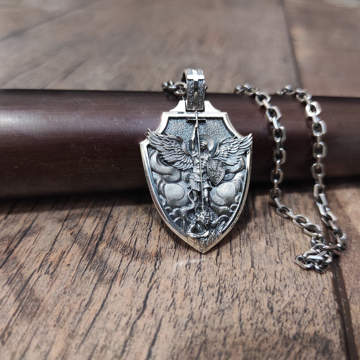 Sterling Silver Archangel Saint Michael Shield Pendant - Religious Necklace