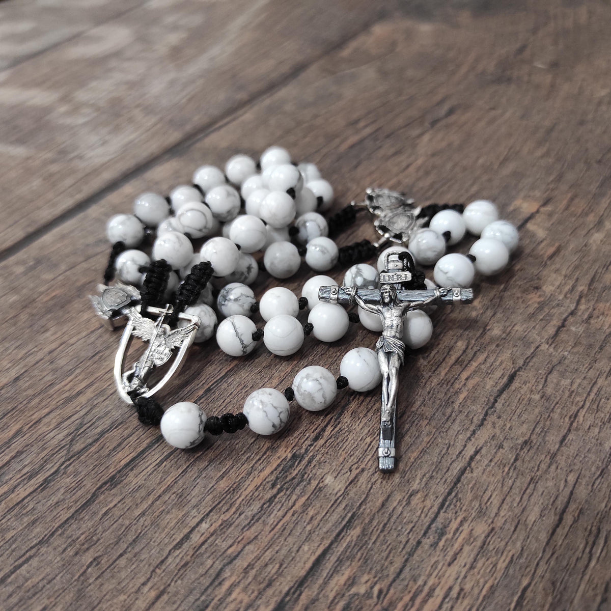 Sterling Silver St. Michael Rosary: White Howlite Beads, Catholic Gift