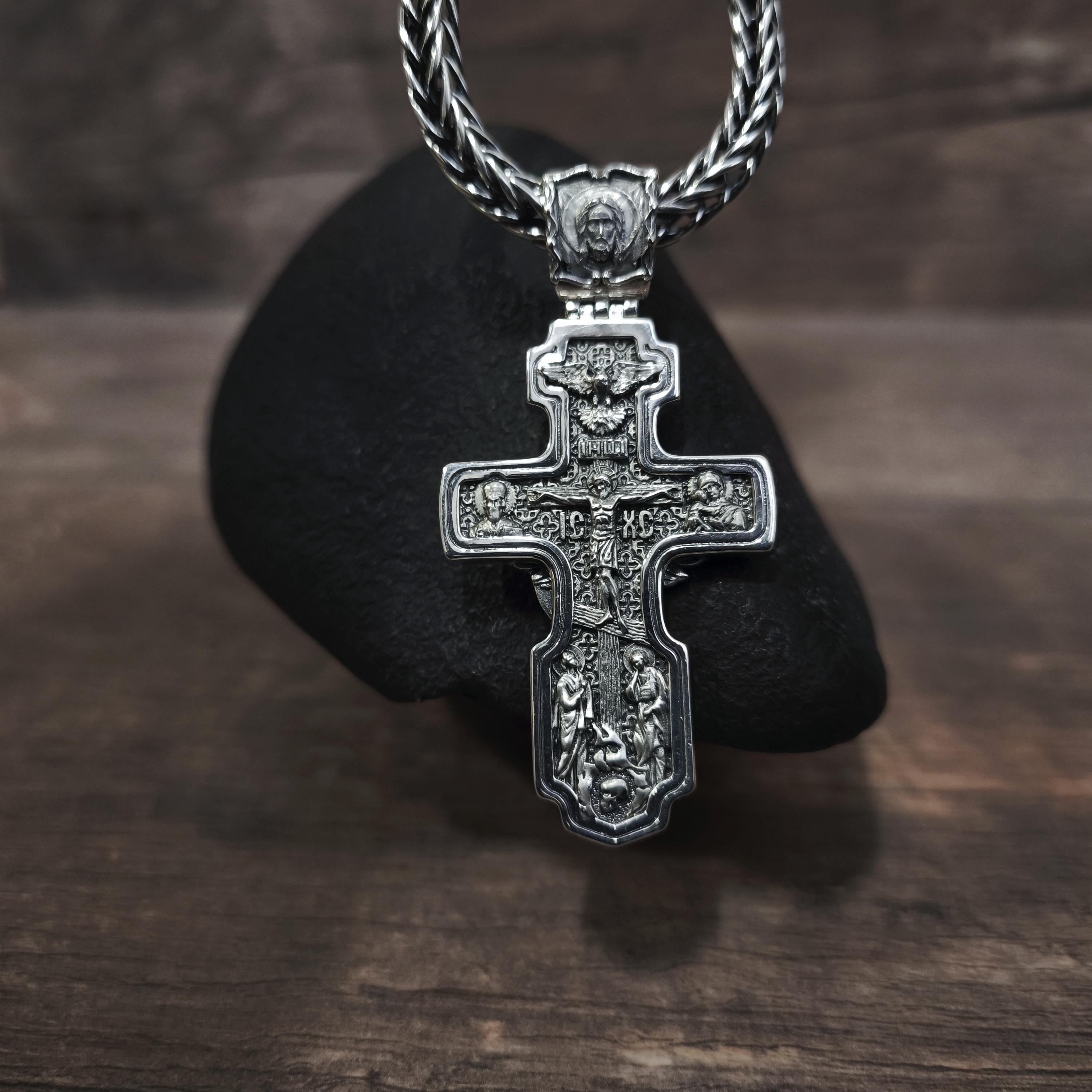 Sterling Silver Orthodox Crucifix Jesus Cross Necklace Archangel Saint Michael - Religious Pendant