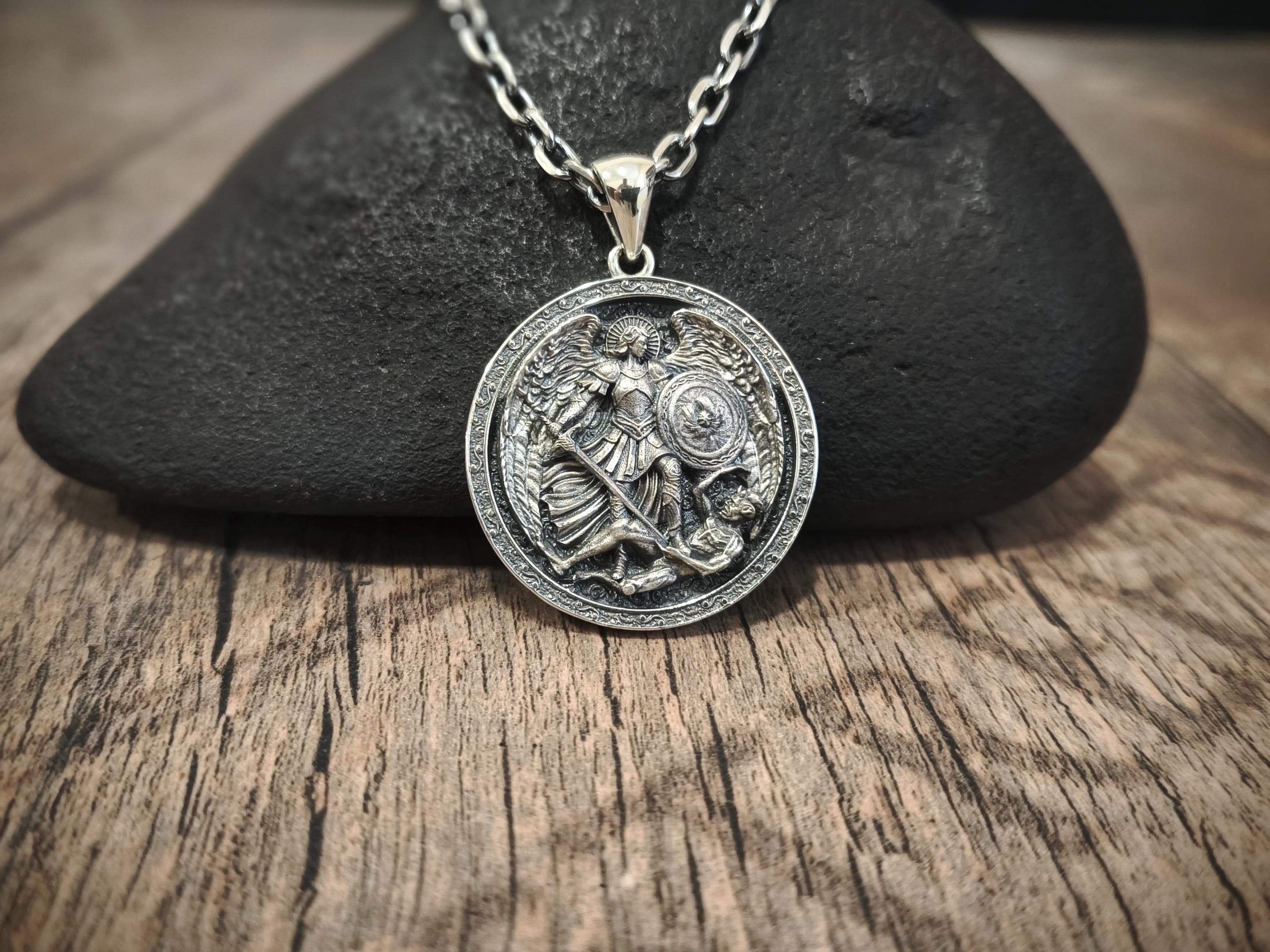 Personalized Sterling Silver Archangel Michael Shield Necklace - Religious Gift