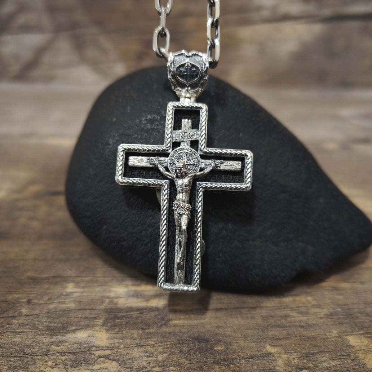Personalized Saint Benedict Crucifix Necklace Archangel Saint Michael : Sterling Silver & Ebony Wood