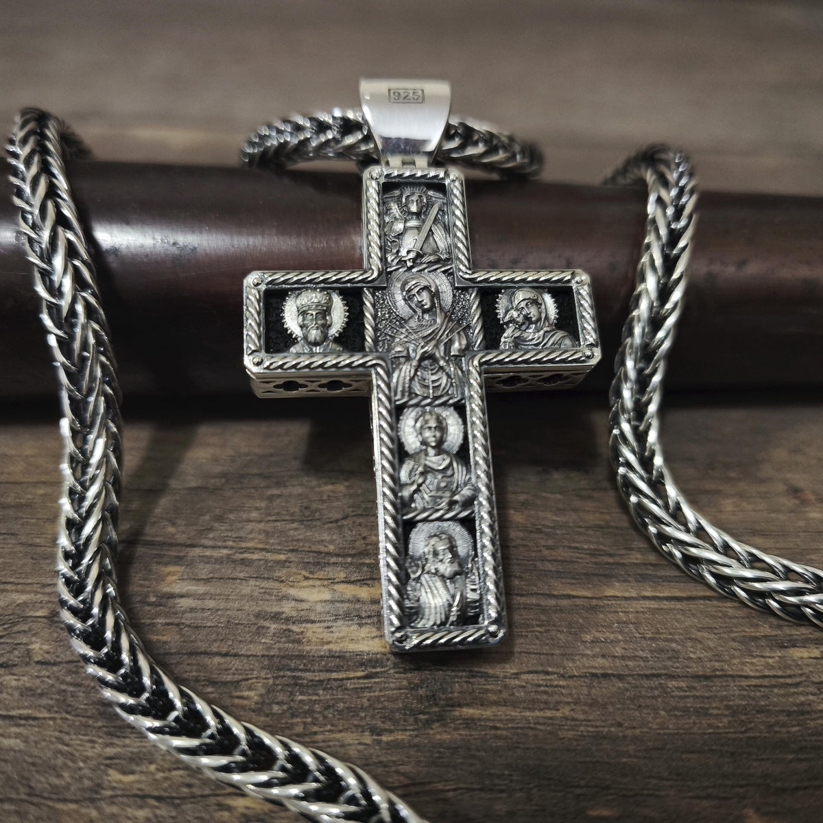 Sterling Silver Orthodox Cross Necklace - Archangel Michael, Ebony Wood