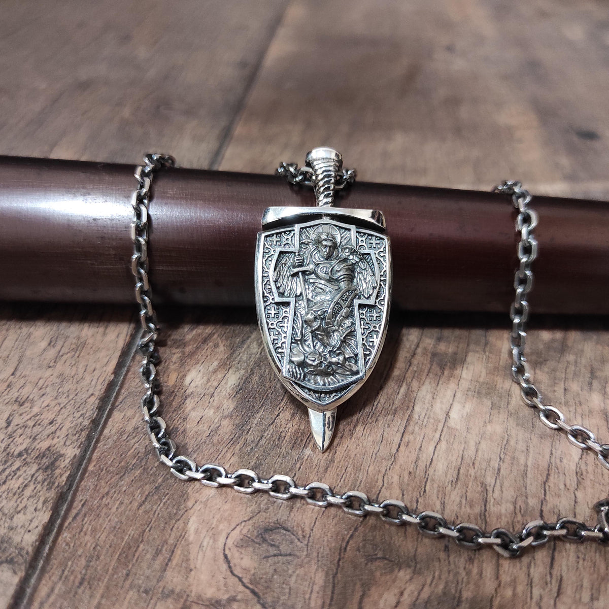 Sterling Silver Archangel Michael Shield Pendant Necklace: Religious Gift