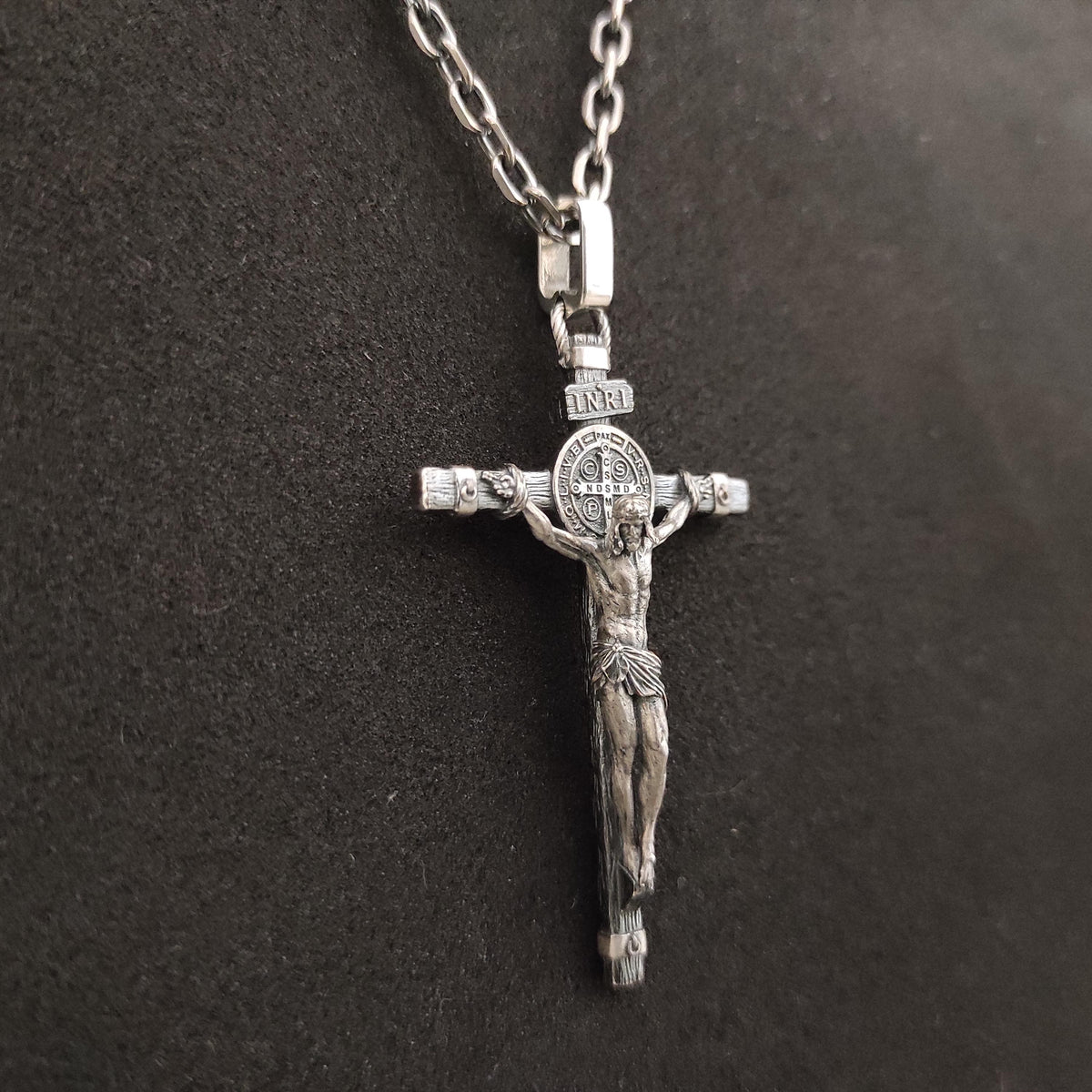 Personalized Saint Benedict Crucifix Necklace: Sterling Silver Exorcism Cross Pendant