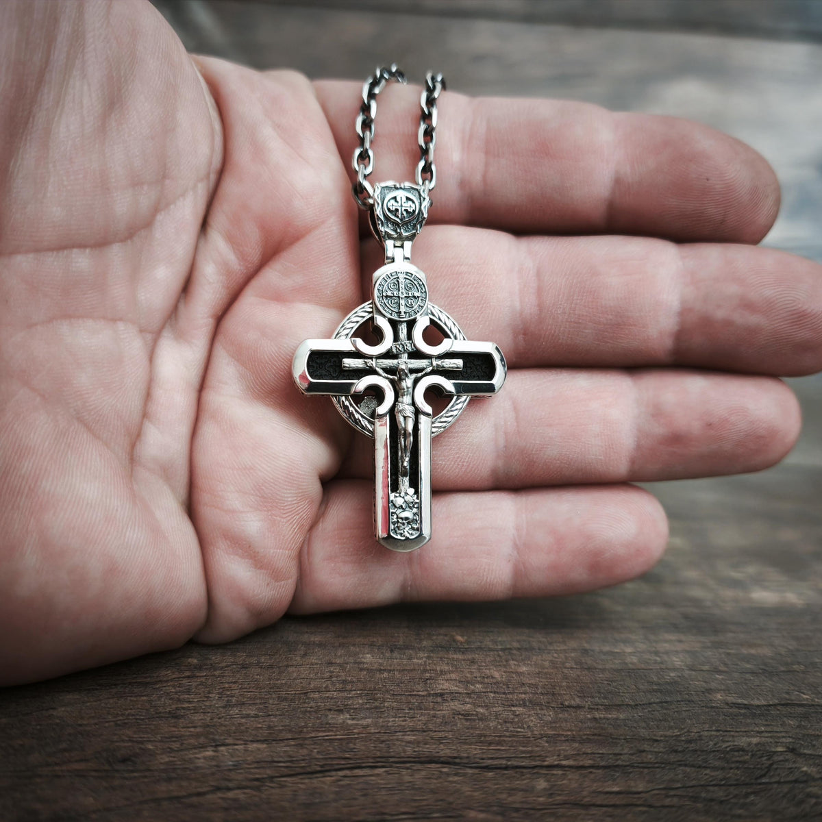 Personalized Saint Benedict Crucifix Necklace Archangel Saint Michael : Sterling Silver & Ebony Wood