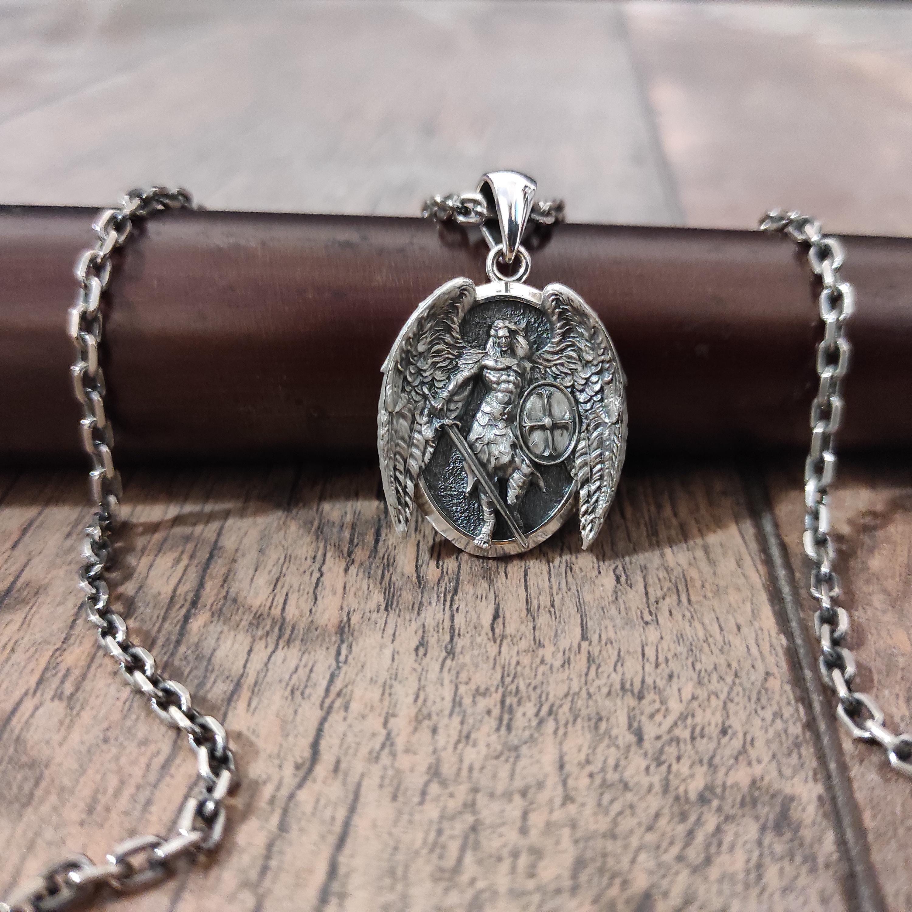 Sterling Silver Archangel Michael Pendant Necklace: Handmade Religious Gift
