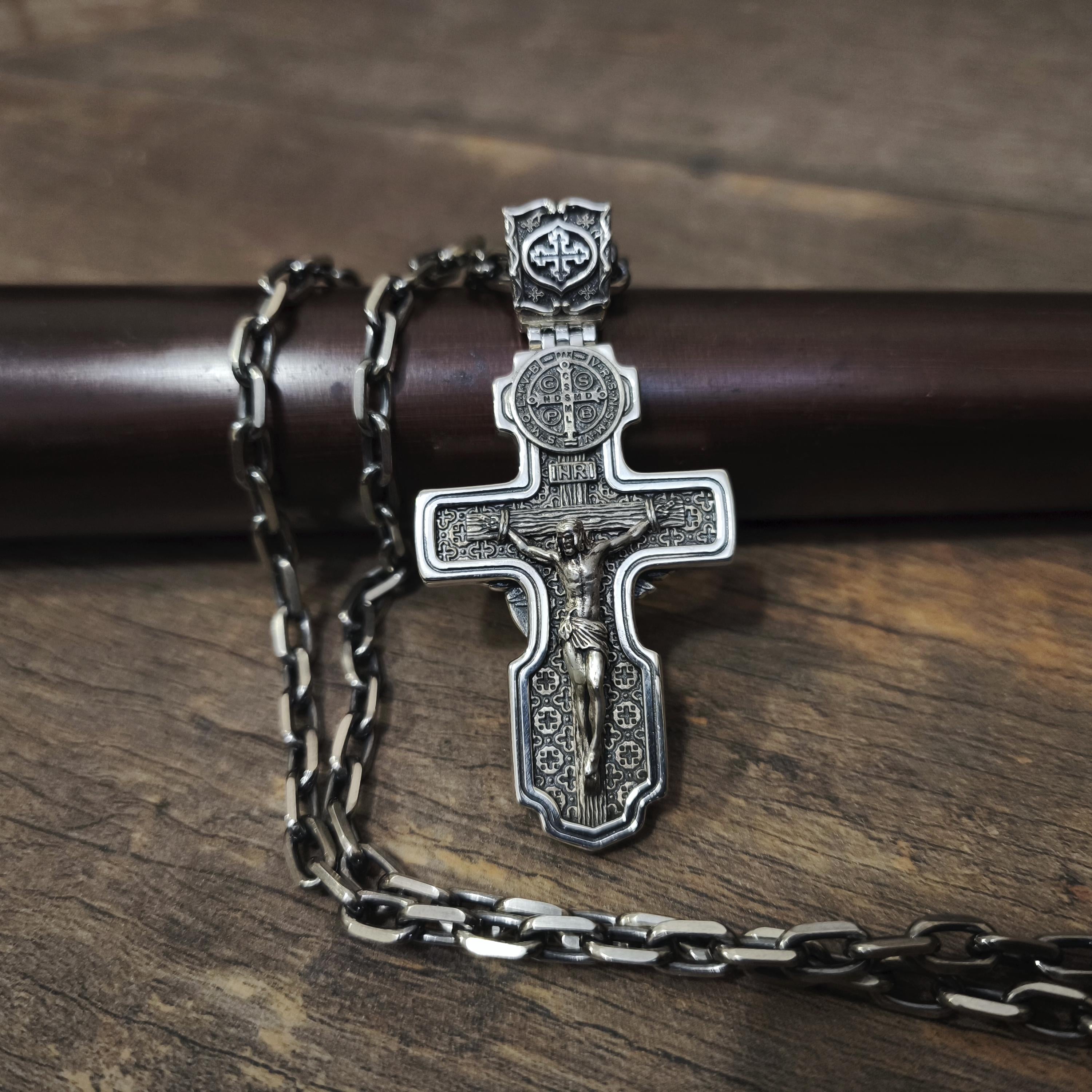 Personalized Jesus Cross Saint Benedict Crucifix Necklace Archangel Saint Michael: Sterling Silver