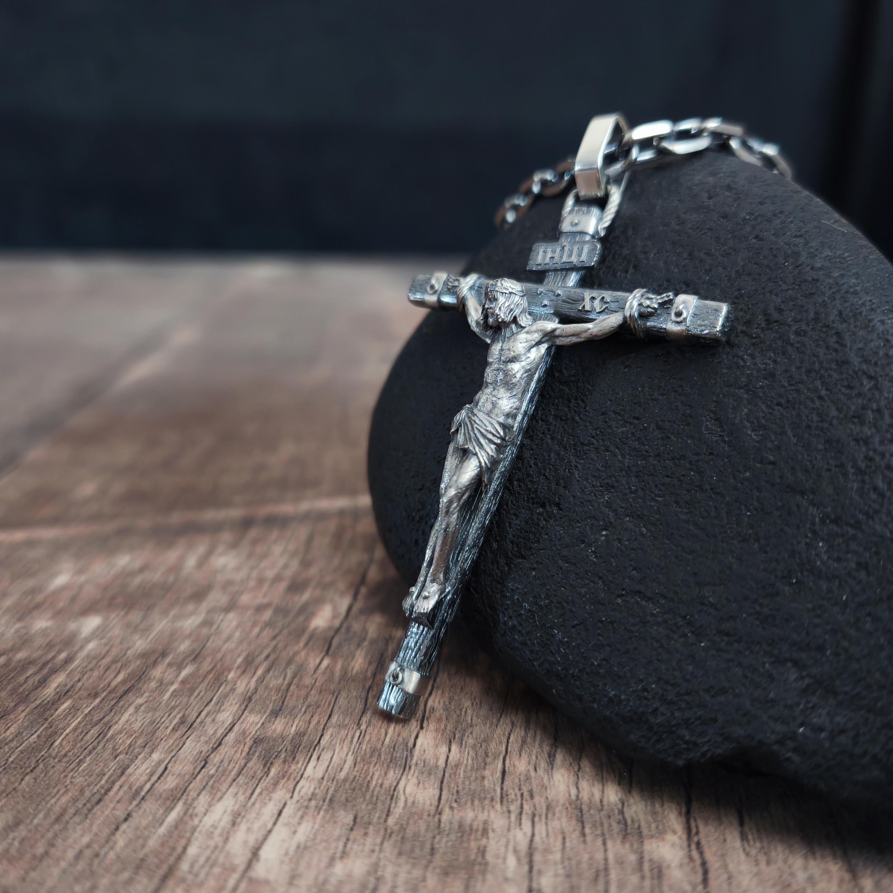 Sterling Silver Christian Crucifix Necklace, Orthodox Jesus Cross Pendant