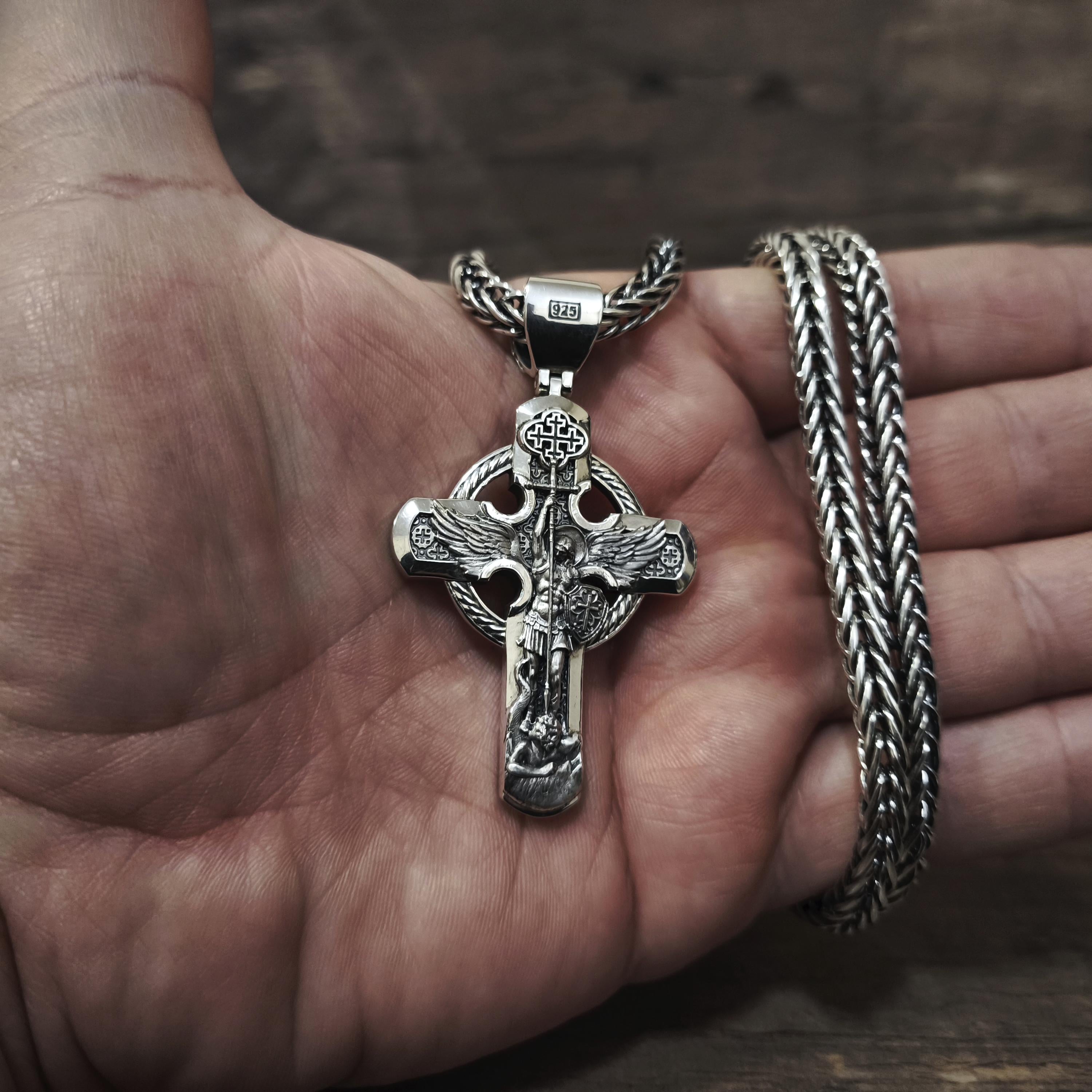 Sterling Silver Orthodox Crucifix Jesus Cross Necklace Archangel Saint Michael - Religious Pendant