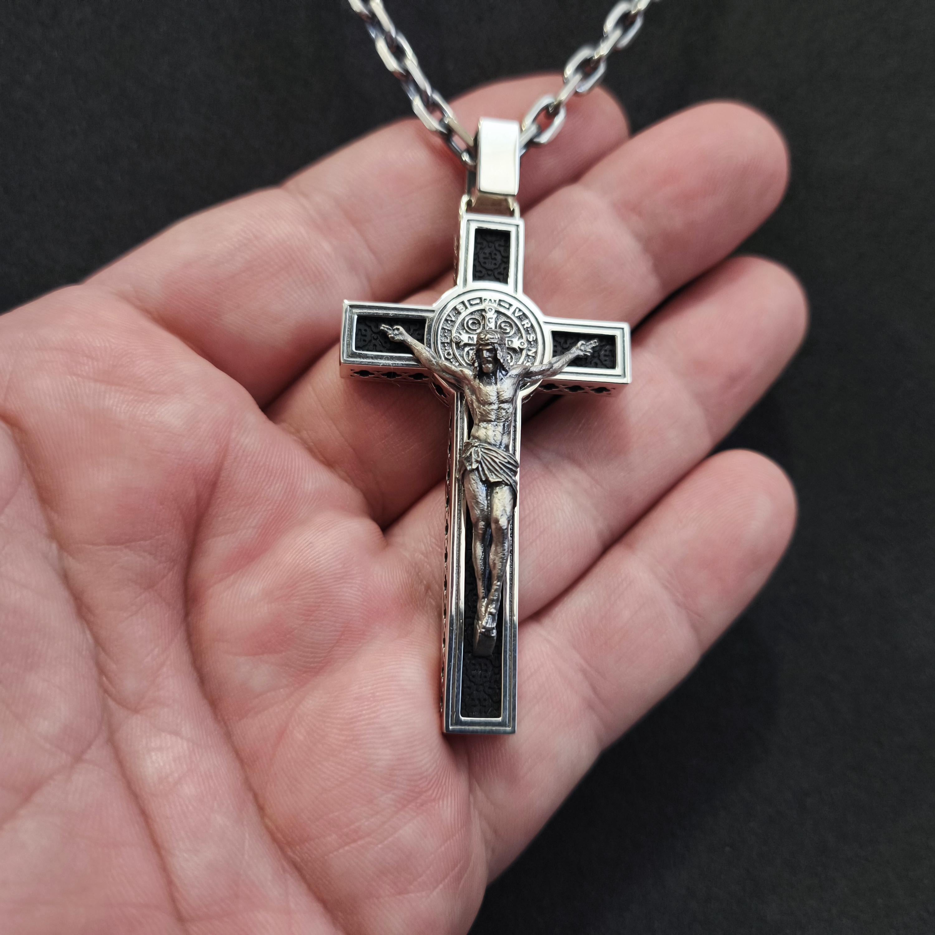 Personalized Saint Benedict Crucifix Necklace: Sterling Silver & Ebony Wood
