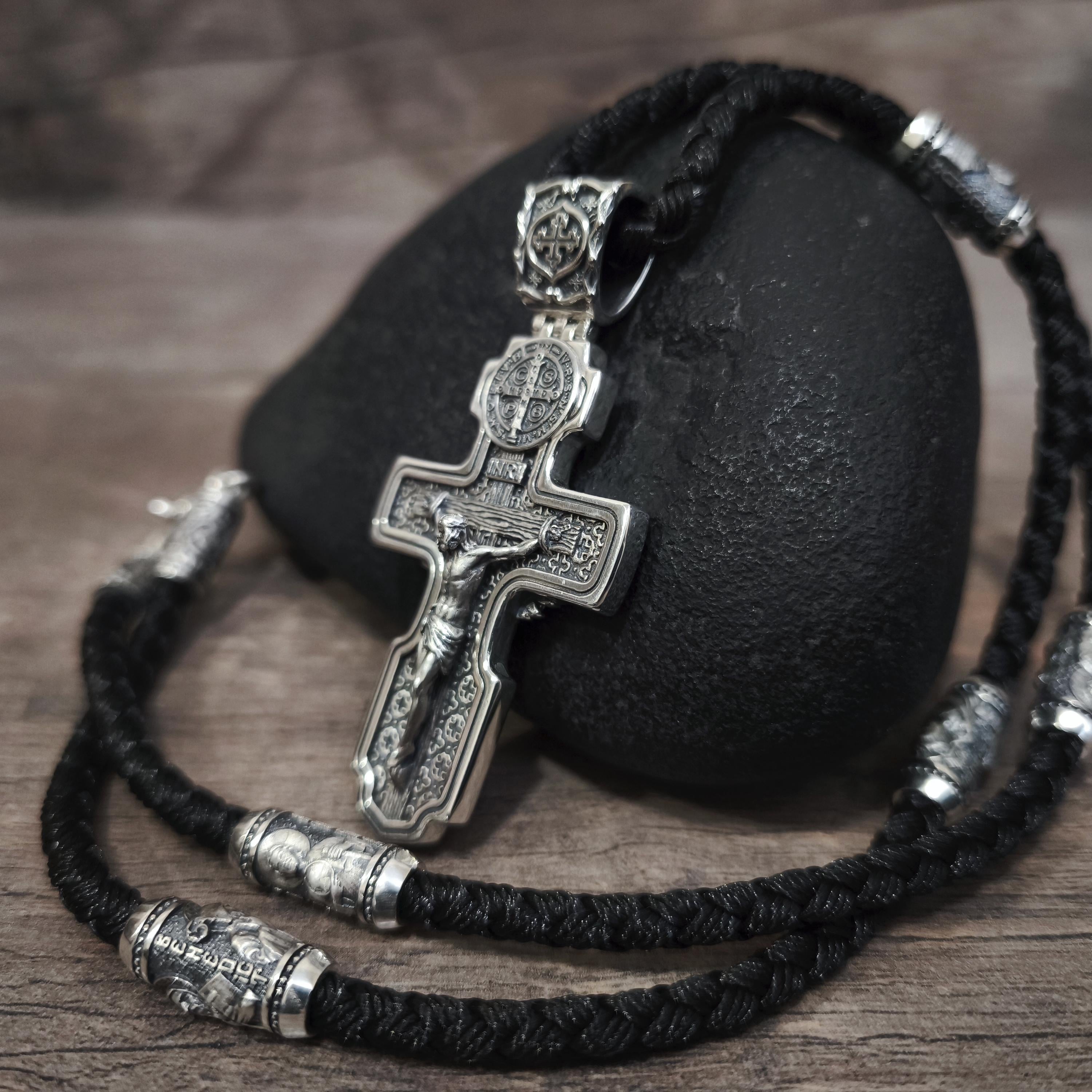 Personalized Jesus Cross Saint Benedict Crucifix Necklace Archangel Saint Michael : Sterling Silver