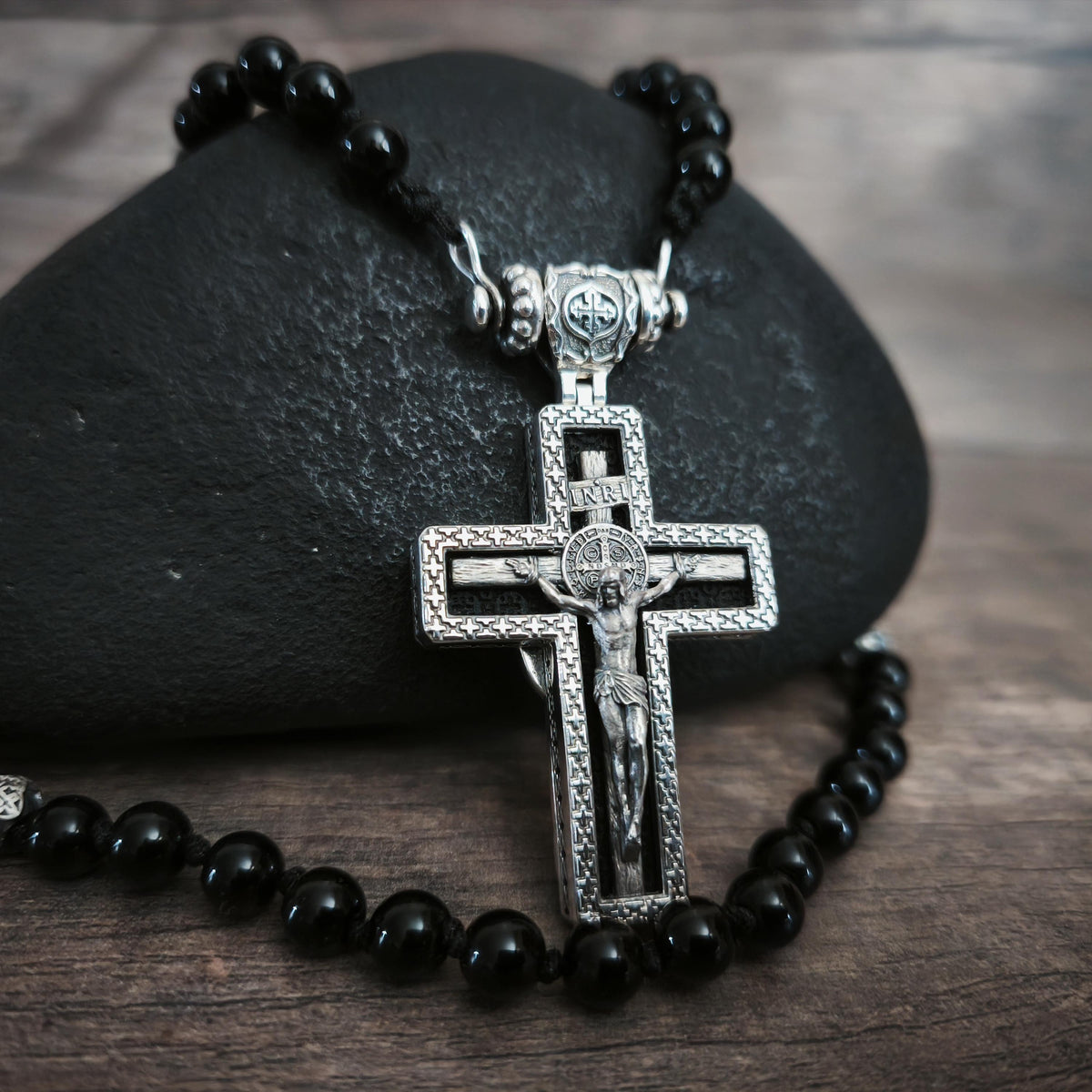 Personalized Saint Benedict Crucifix Necklace Archangel Saint Michael : Sterling Silver & Ebony Wood