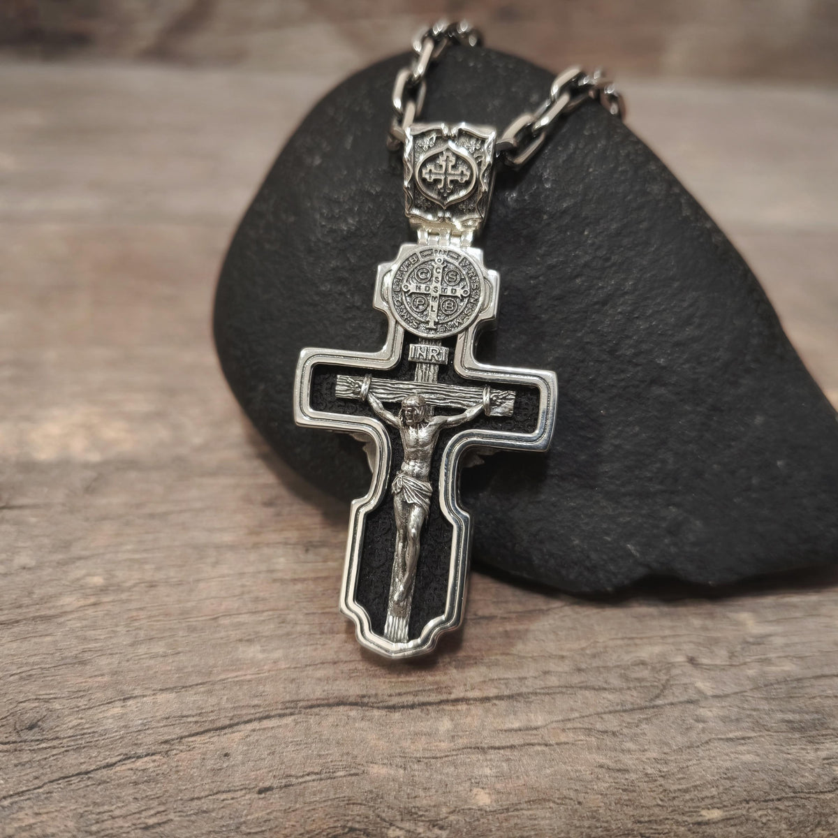 Personalized Saint Benedict Crucifix Necklace Archangel Saint Michael : Sterling Silver & Ebony Wood