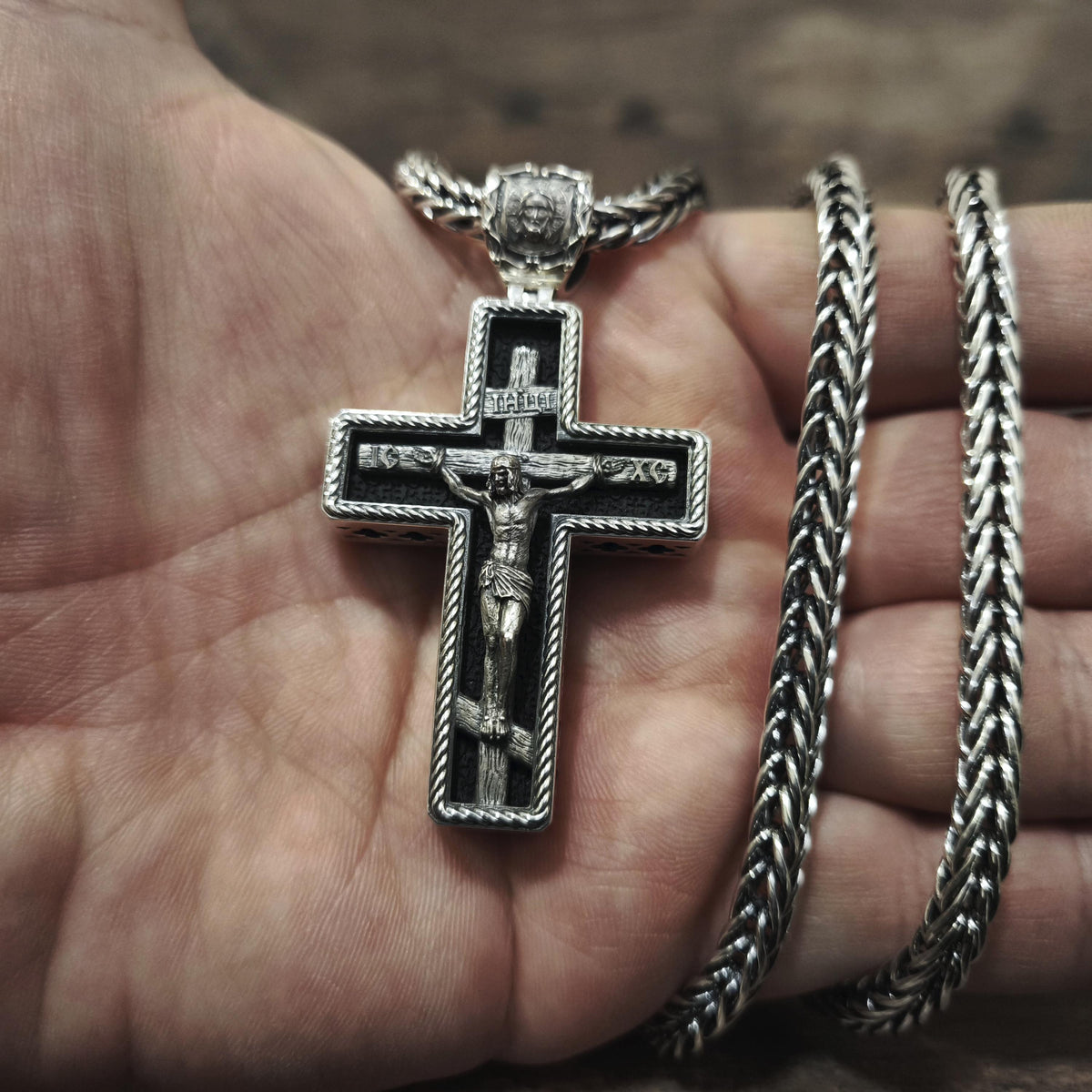 Sterling Silver Orthodox Cross Necklace - Archangel Michael, Ebony Wood