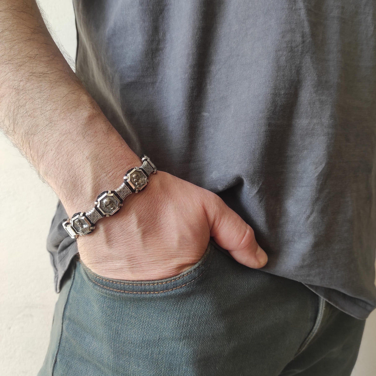 Silver Orthodox Christian Bracelet with Saints and Our Father Prayer