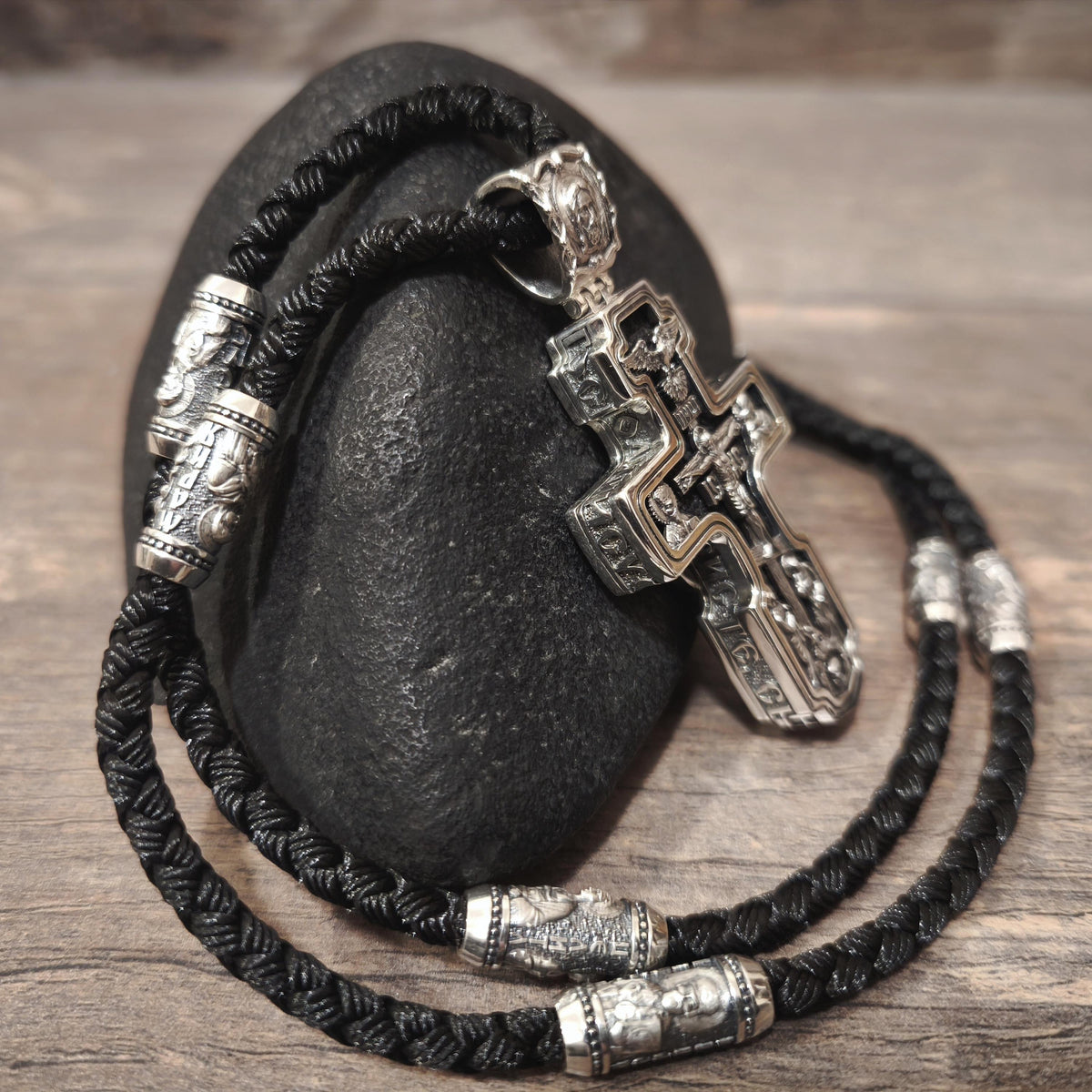Sterling Silver Orthodox Crucifix Necklace: Jesus Cross Pendant, Ebony Wood