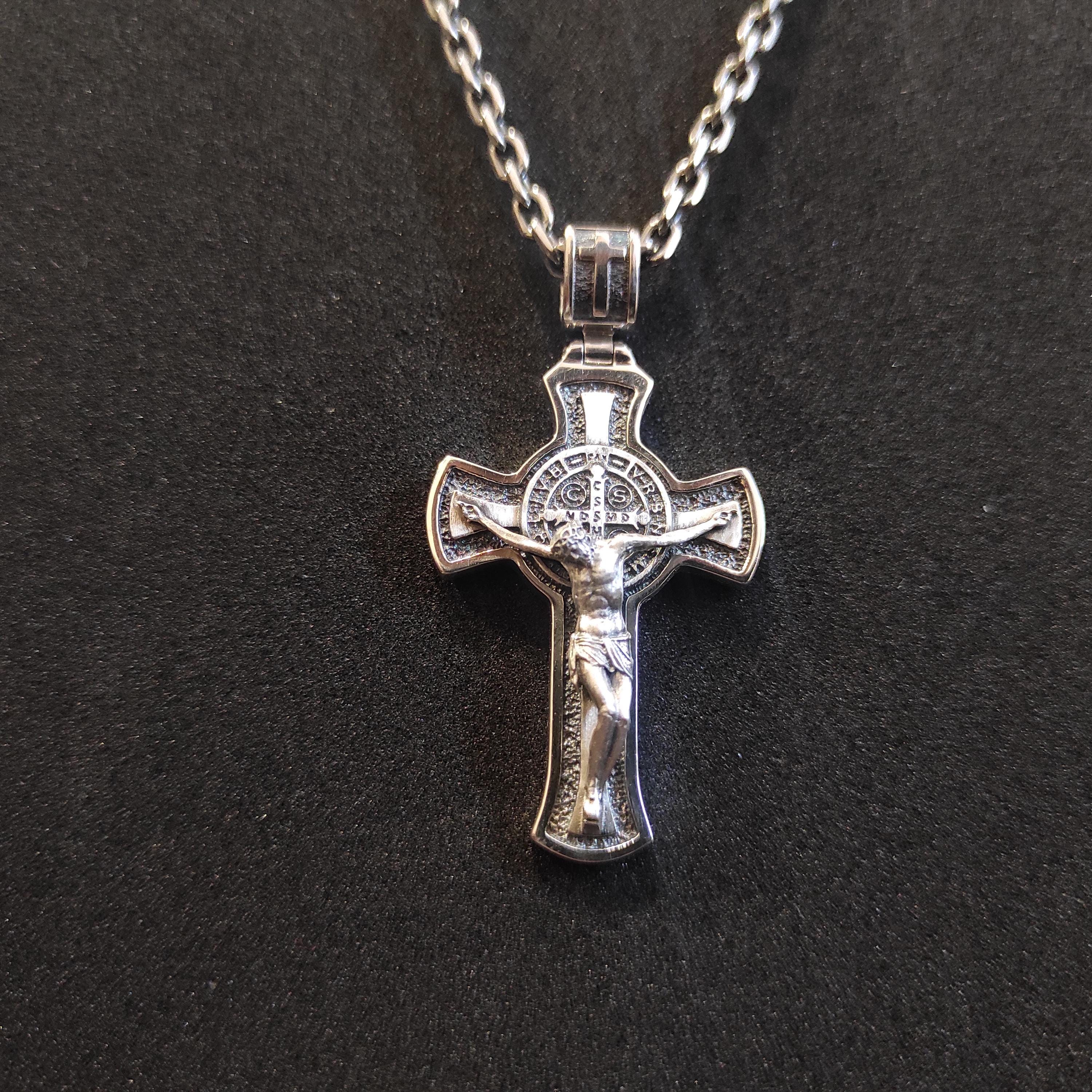 Personalized Saint Benedict Silver Crucifix Necklace: Handmade Exorcism Cross Pendant