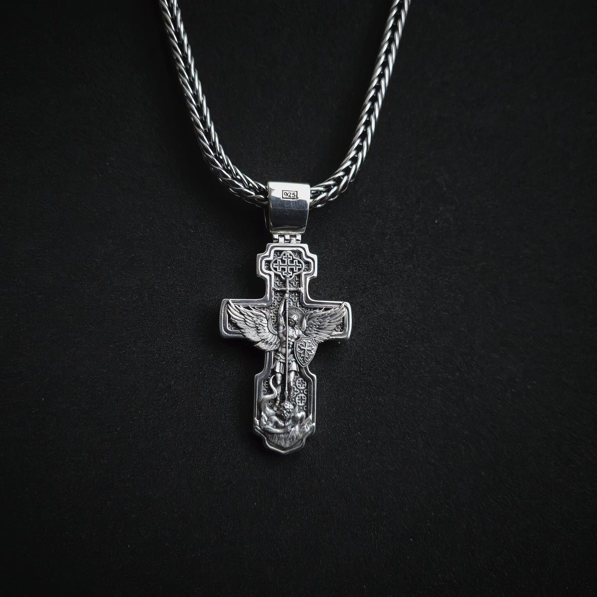 Sterling Silver Orthodox Crucifix Jesus Cross Necklace Archangel Saint Michael - Religious Pendant