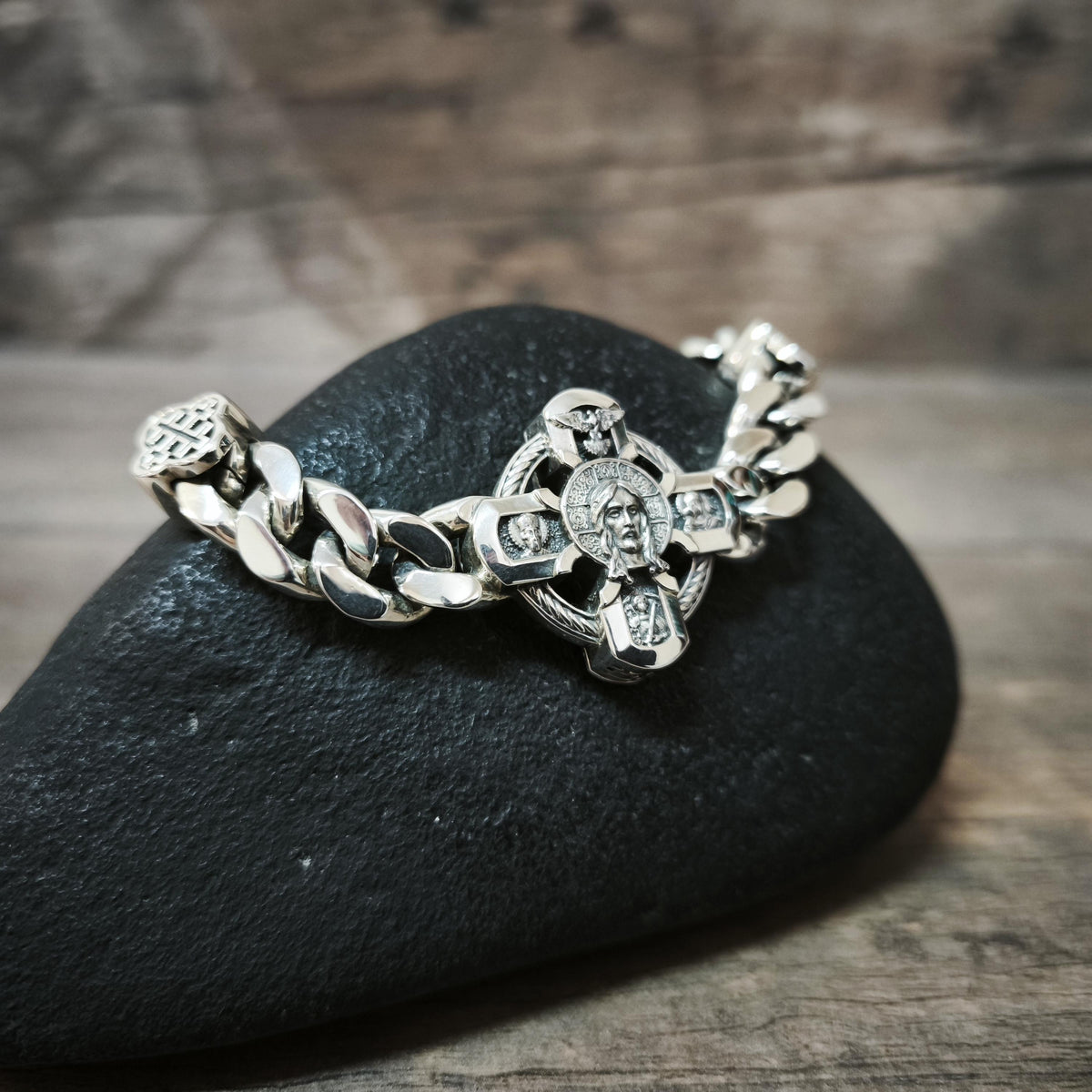 Silver Orthodox Christian Bracelet with Jesus, Archangel Michael, Nicholas the Wonderworker, the Virgin Mary