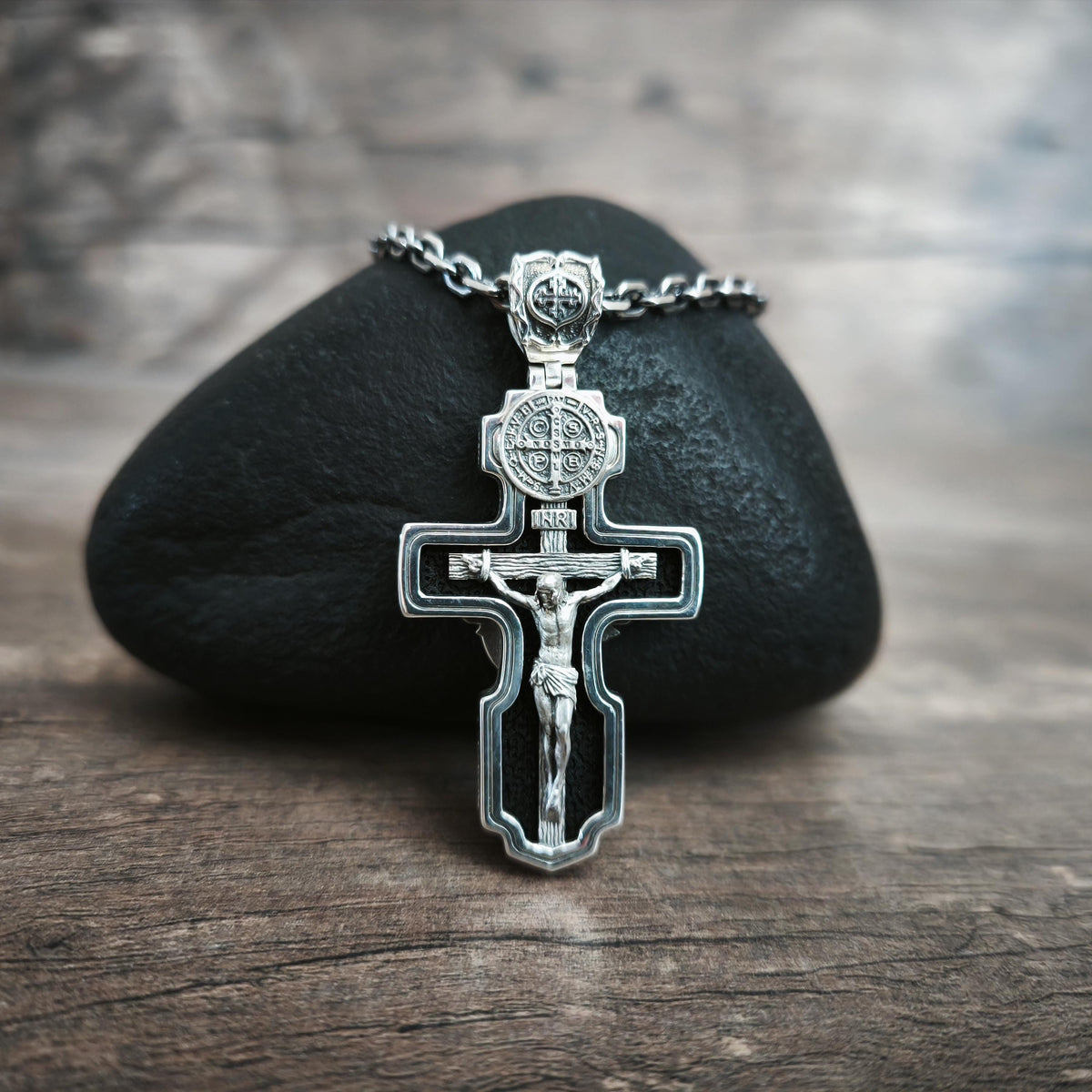 Personalized Saint Benedict Crucifix Necklace Archangel Saint Michael : Sterling Silver & Ebony Wood