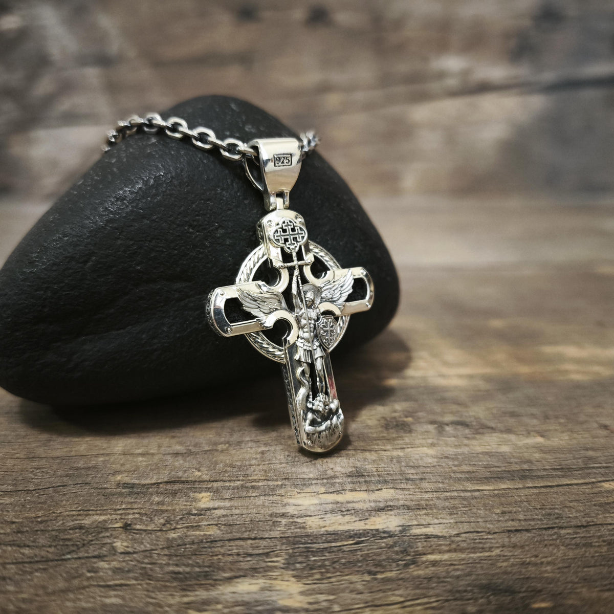 Sterling Silver Orthodox Cross Necklace - Archangel Michael, Ebony Wood