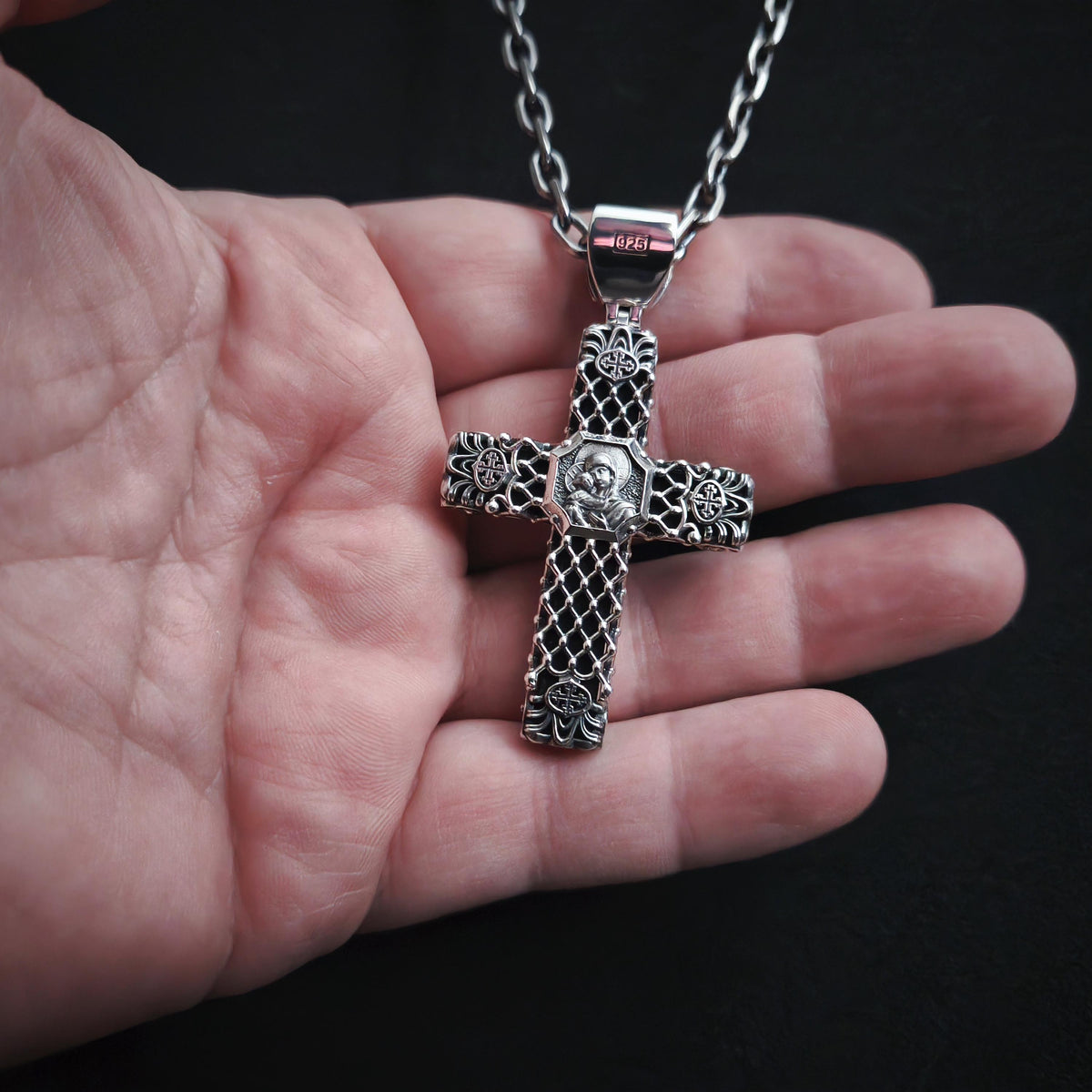 Sterling Silver Orthodox Crucifix Necklace & Ebony Wood - Religious Pendant