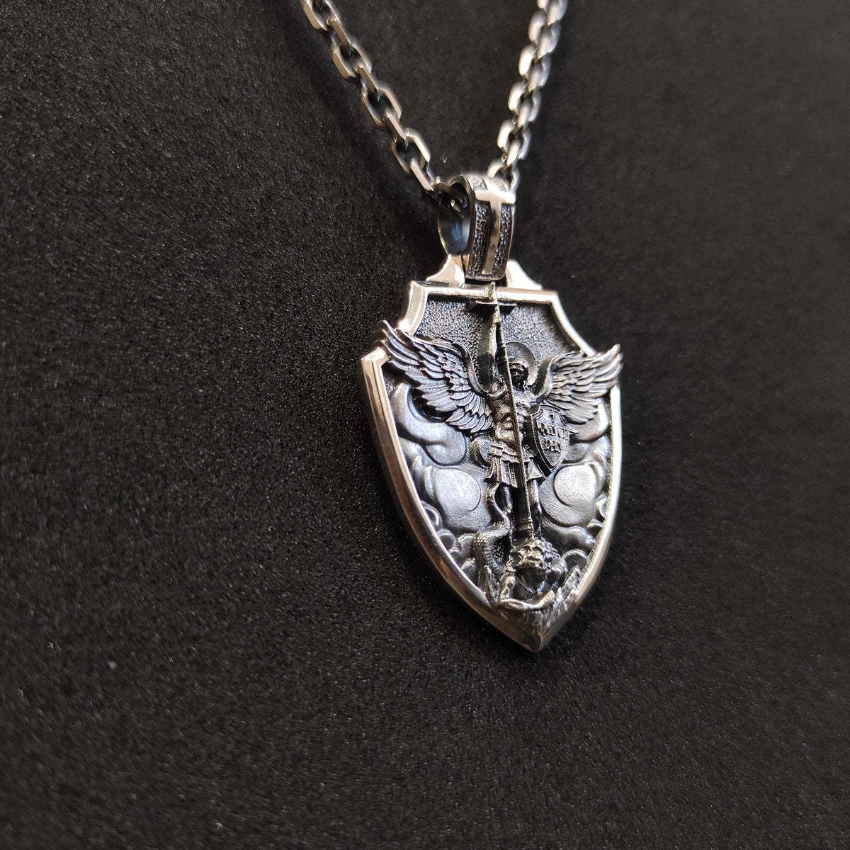 Sterling Silver Archangel Saint Michael Shield Pendant - Religious Necklace