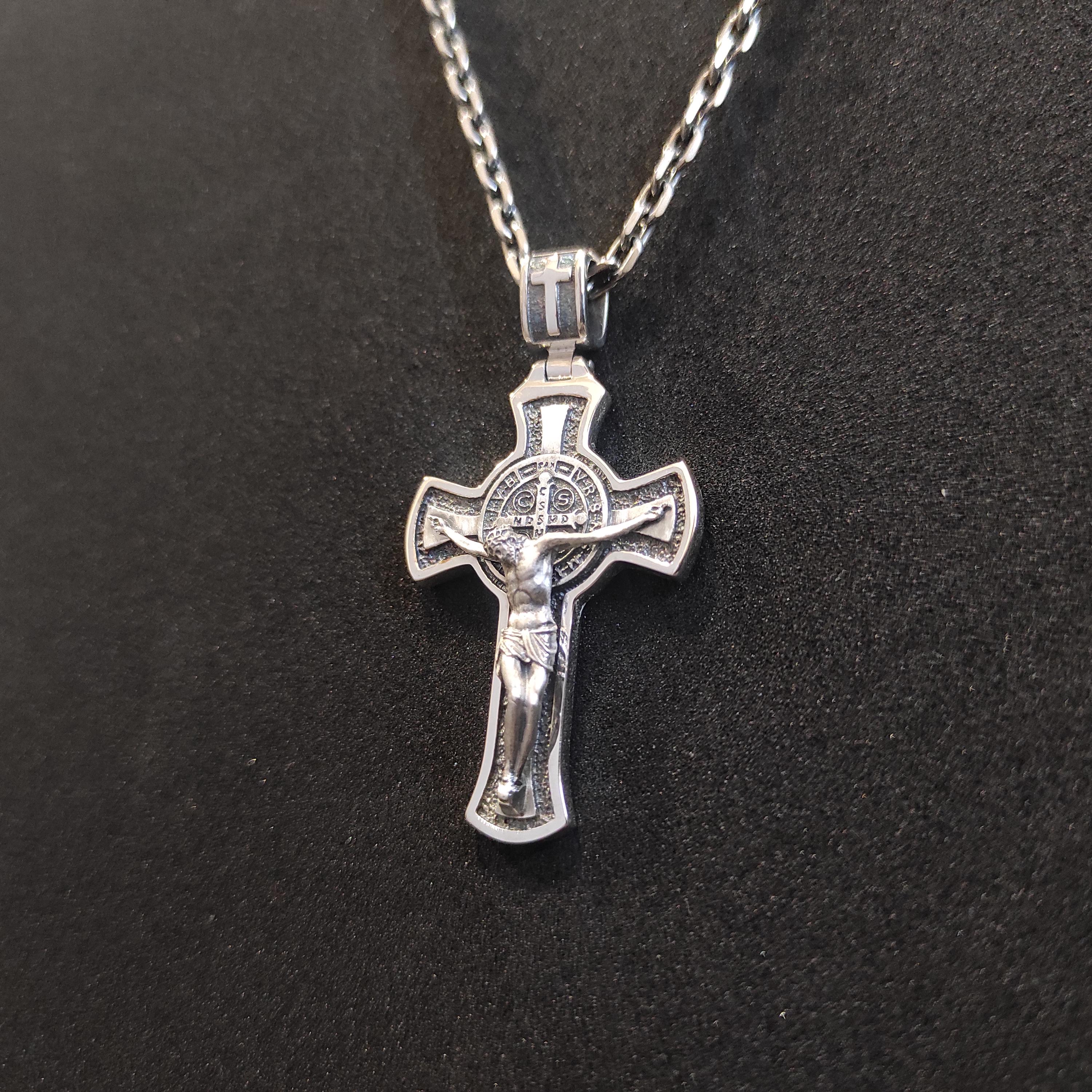Personalized Saint Benedict Silver Crucifix Necklace: Handmade Exorcism Cross Pendant