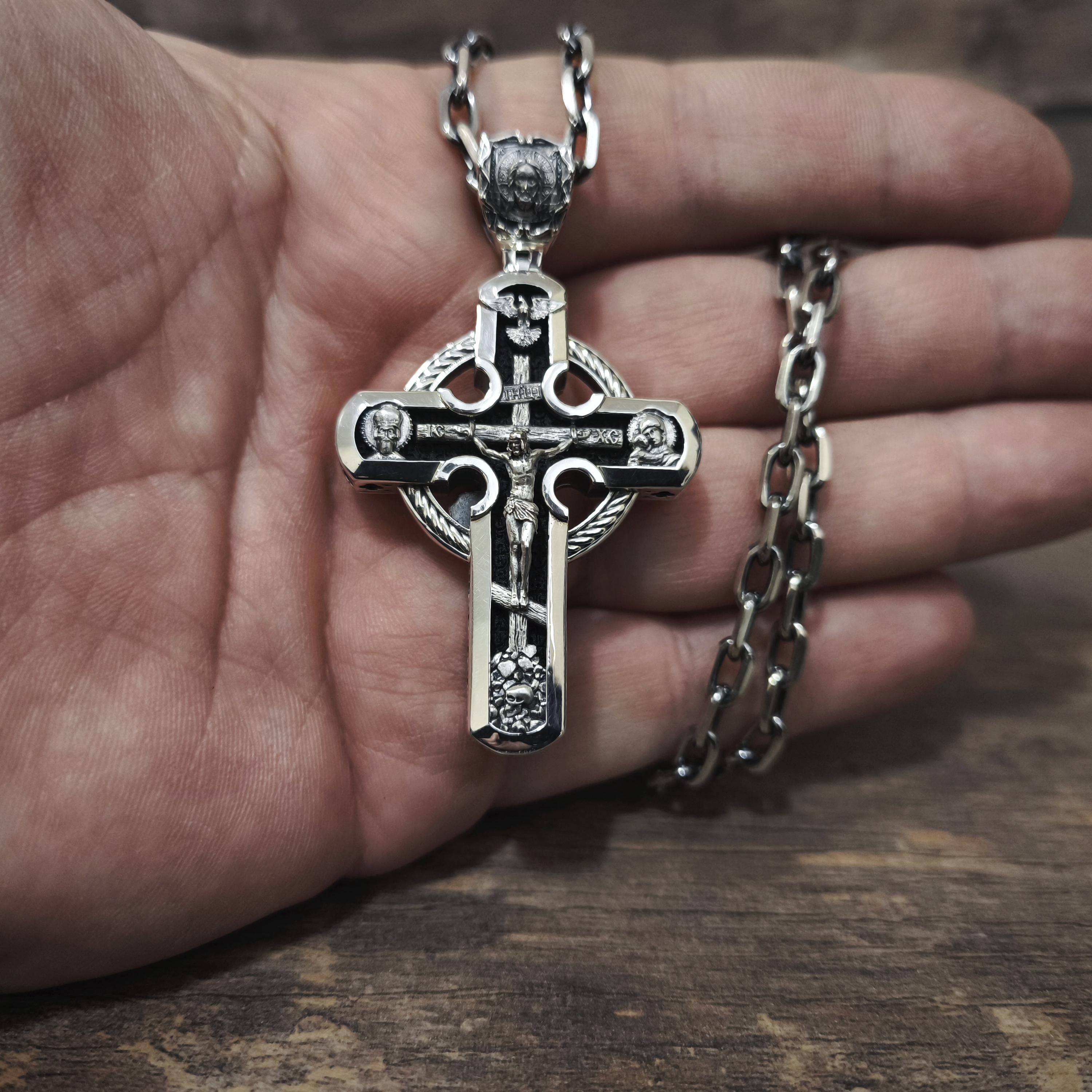 Sterling Silver Orthodox Crucifix Necklace Archangel Saint Michael & Ebony Wood - Religious Pendant