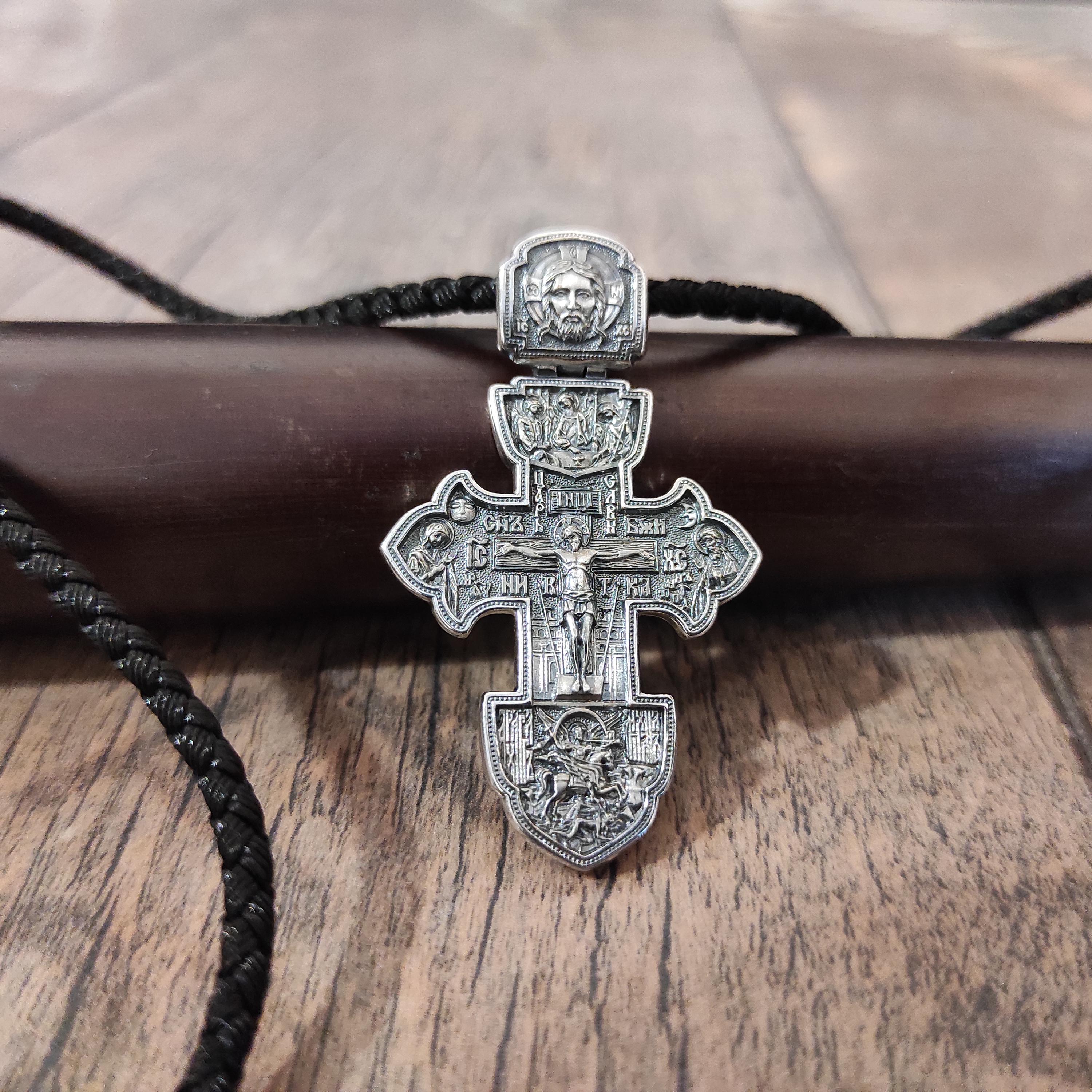 Orthodox Crucifix: Sterling Silver Jesus Cross Pendant with Silk Cord
