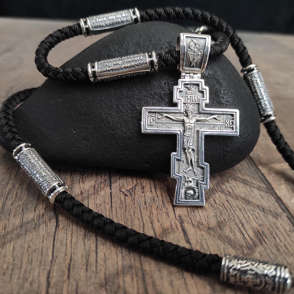 Sterling Silver Orthodox Crucifix Necklace: Psalm 90 Text