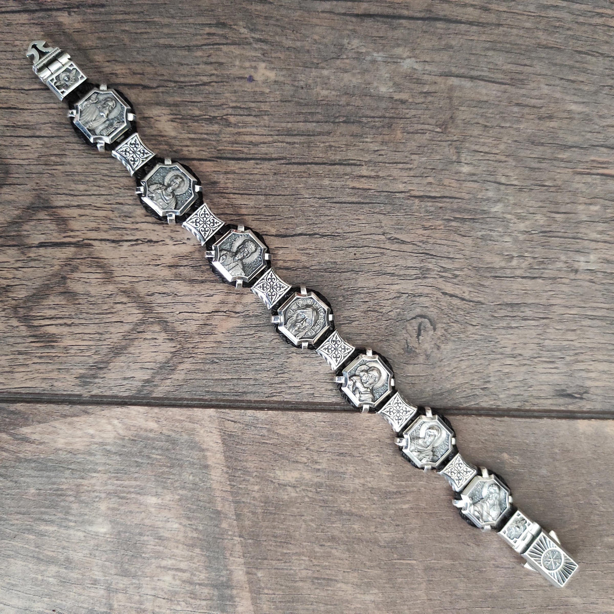 Silver Orthodox Christian Bracelet with Saints and Our Father Prayer