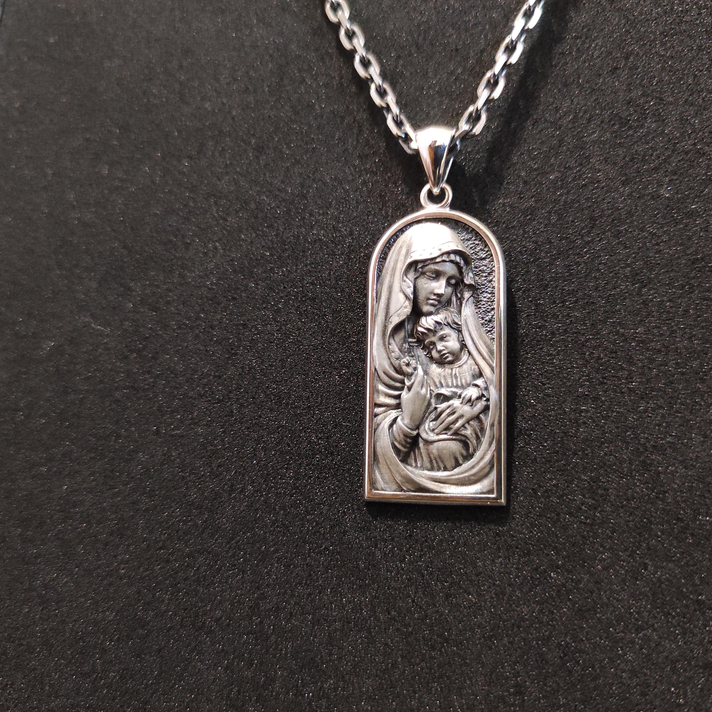 Sterling Silver Miraculous Medal Necklace: Virgin Mary & Baby Jesus