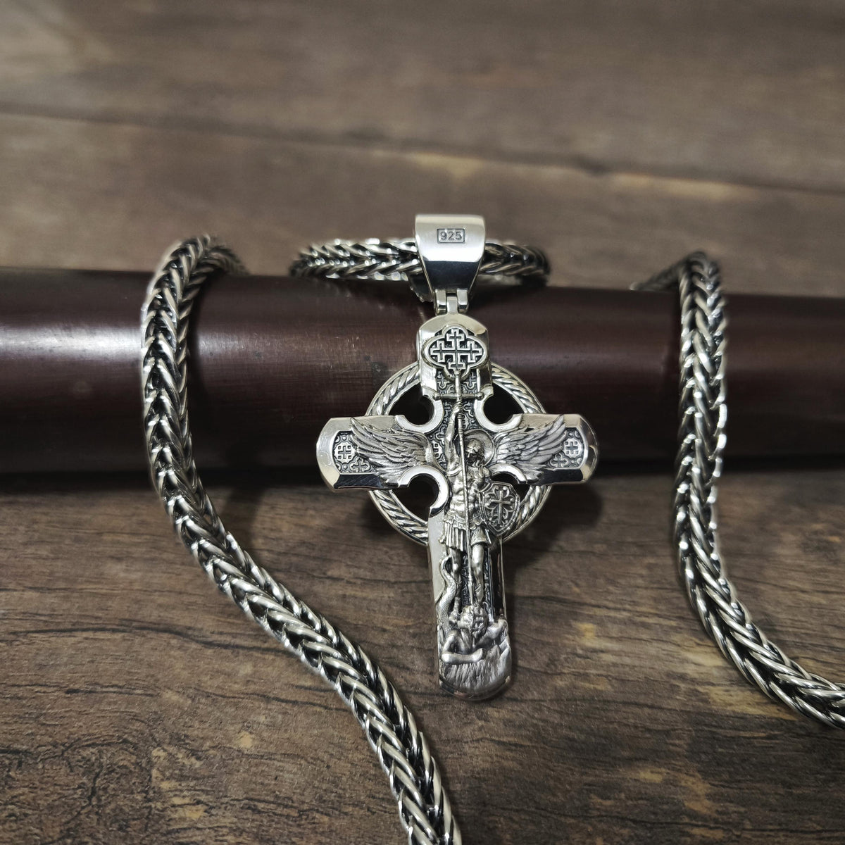 Sterling Silver Orthodox Crucifix Jesus Cross Necklace Archangel Saint Michael - Religious Pendant