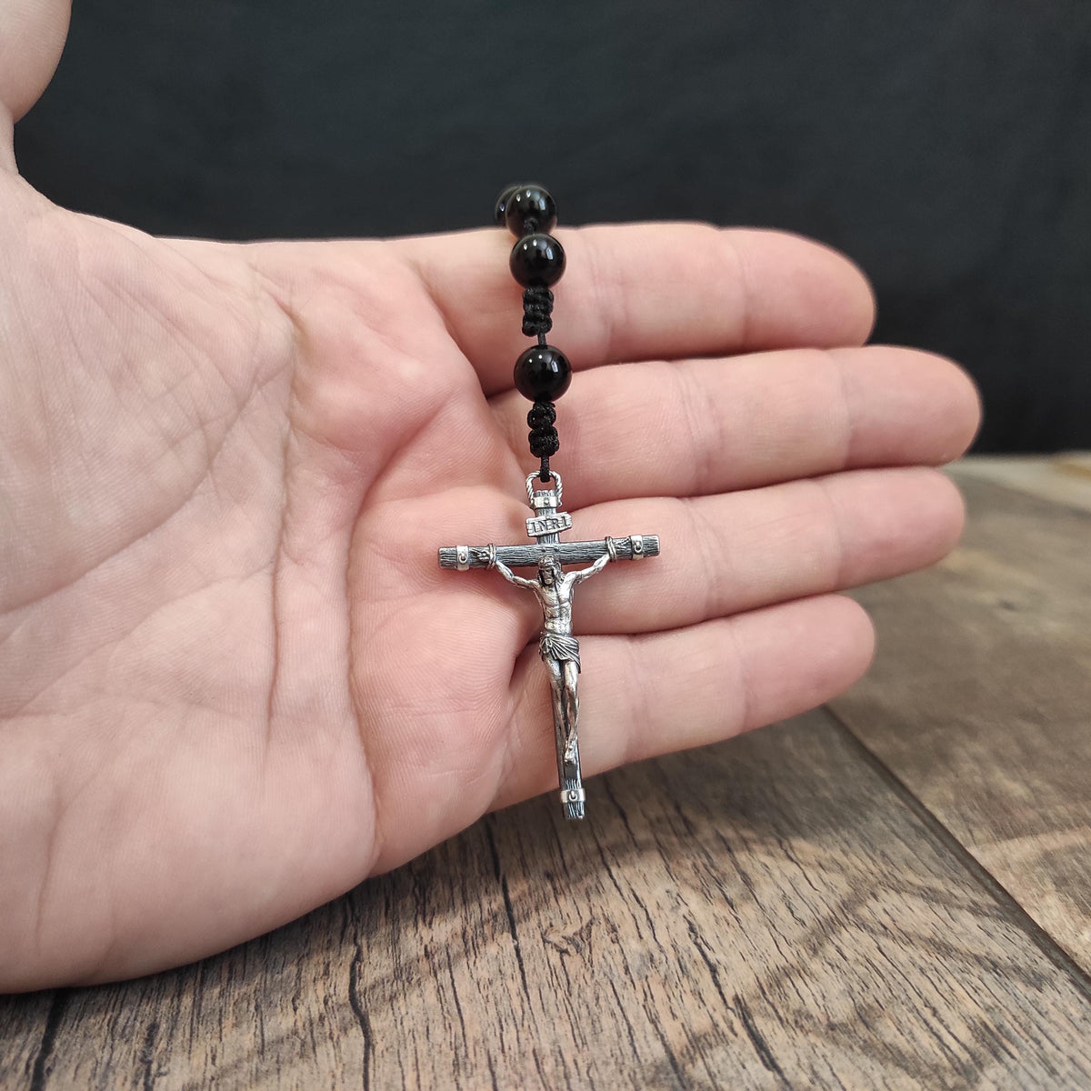 Handmade Sterling Silver St. Michael Rosary with Black Agate Beads