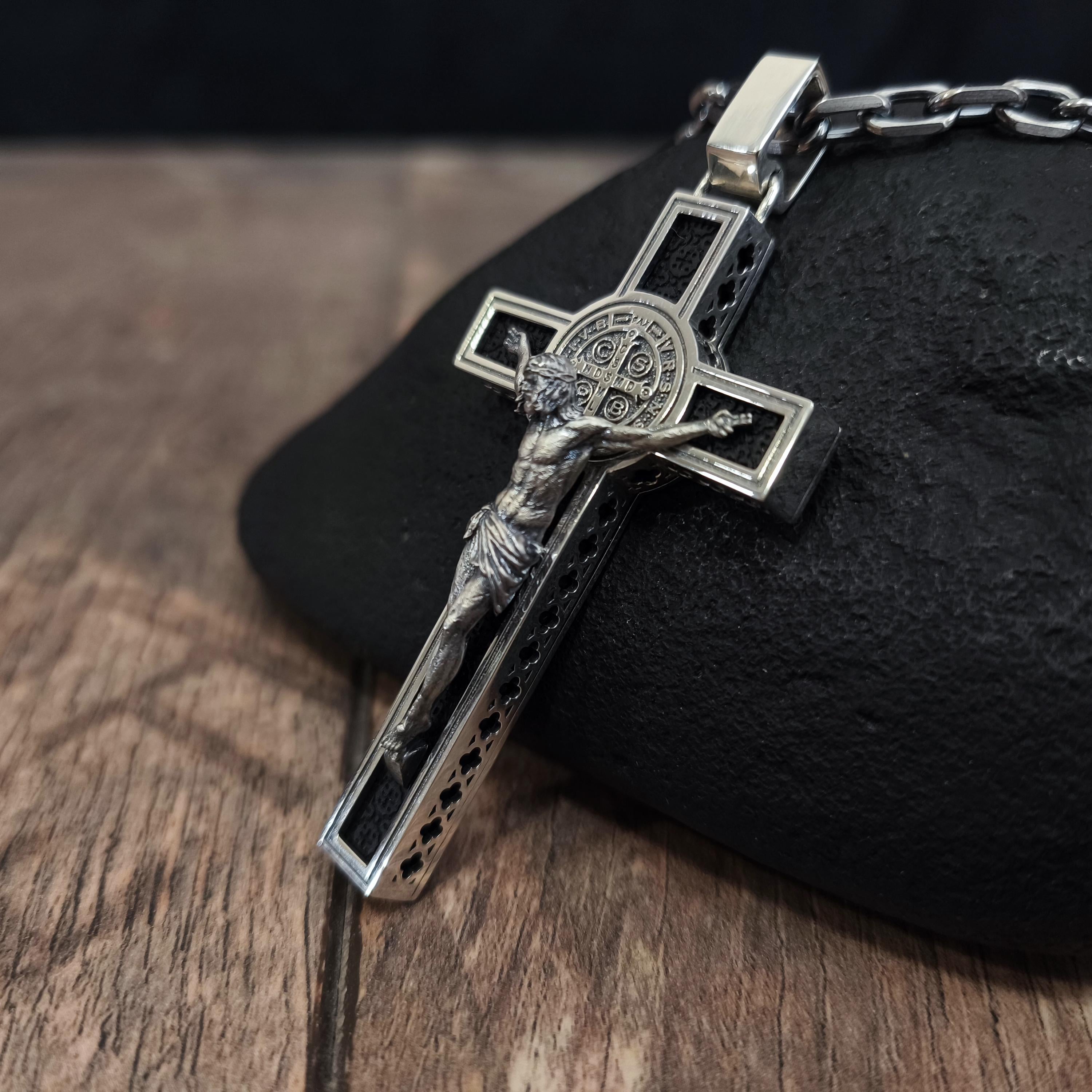 Personalized Saint Benedict Crucifix Necklace: Sterling Silver & Ebony Wood