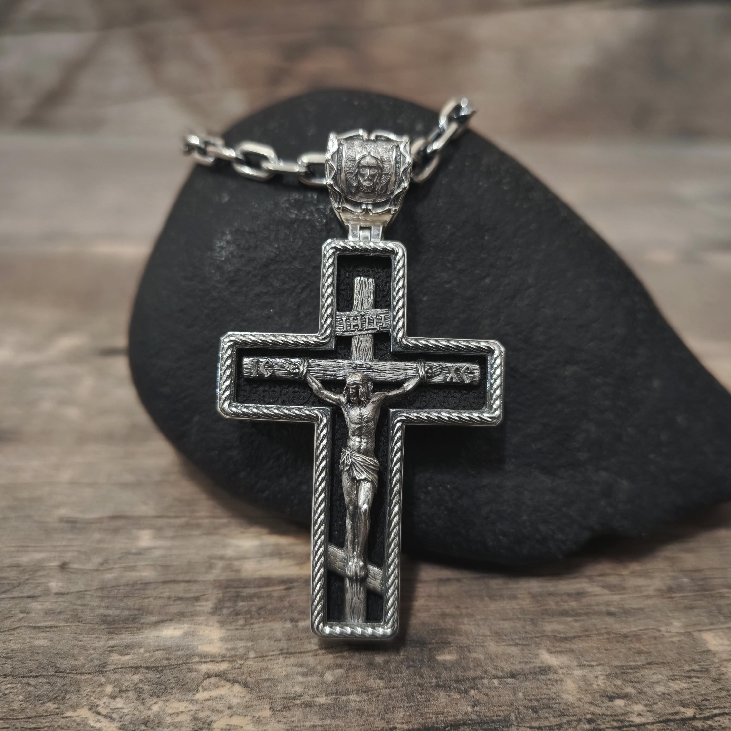 Sterling Silver Orthodox Crucifix Necklace Archangel Saint Michael & Ebony Wood - Religious Pendant